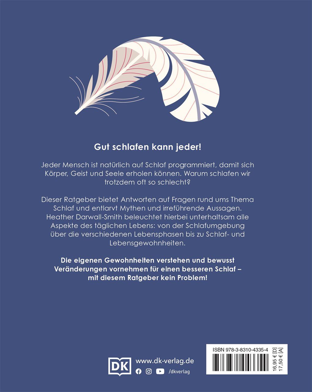 Buchrücken "Guter Schlaf". Blauer Hintergrund, Feder-Illustration. Text über Schlaf und Gewohnheiten. DK-Logo.
