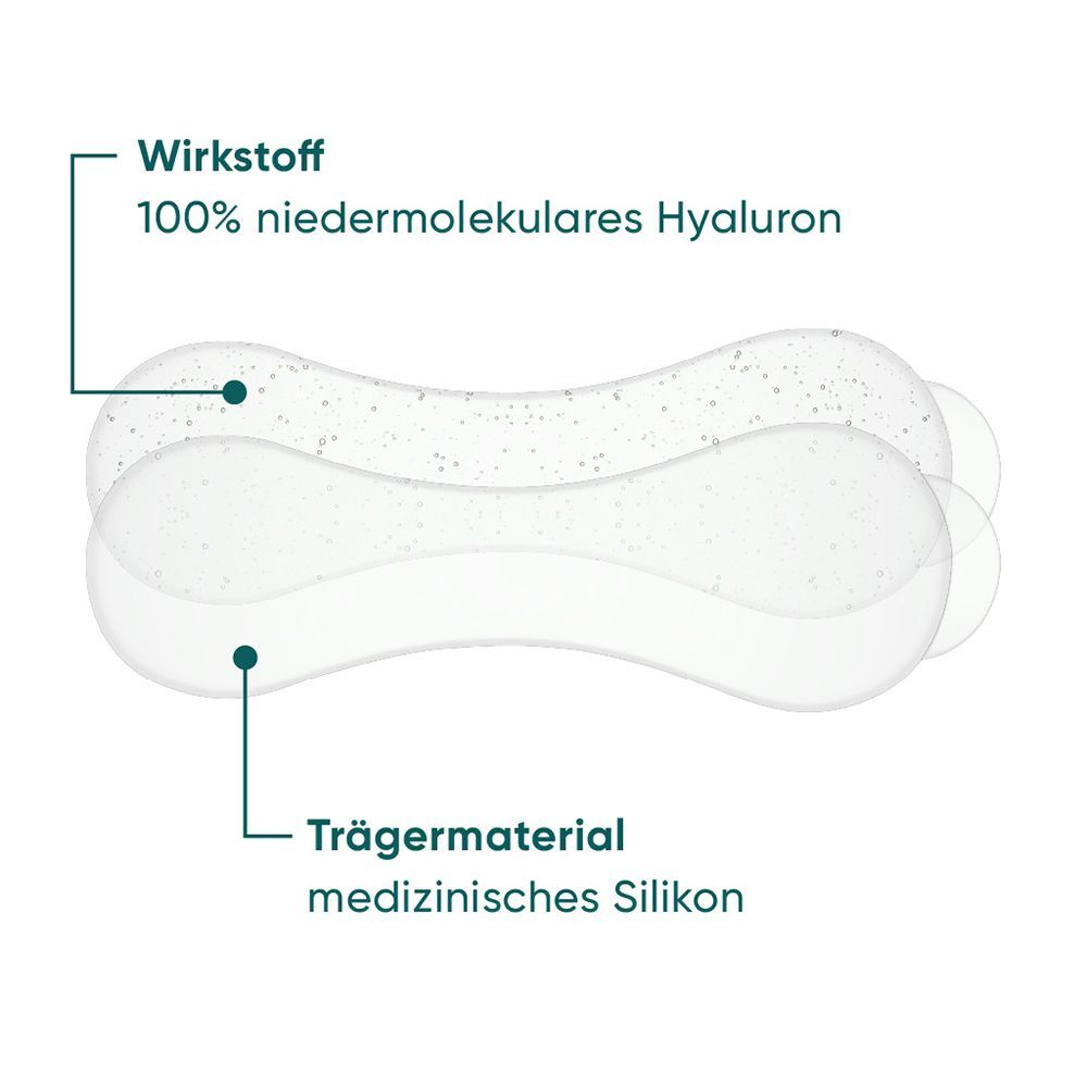 Zwei transparente Mund Pads. Beschriftung: Wirkstoff 100% niedermolekulares Hyaluron. Trägermaterial medizinisches Silikon.