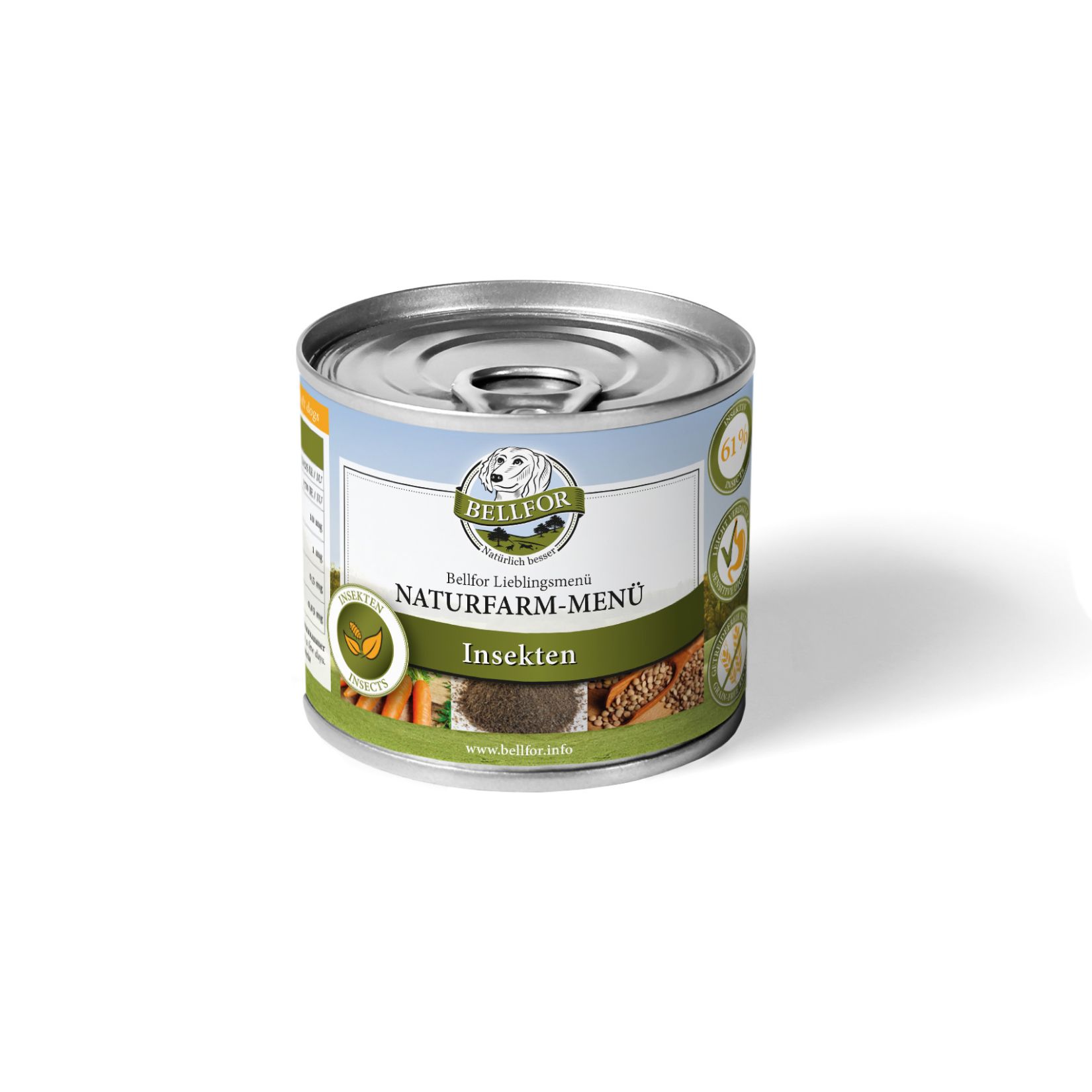 Hundefutter-Dose. Naturfarm-Menü mit Insekten. Marke Bellfor. Grün-weißes Etikett mit Produktinformationen und Logo.