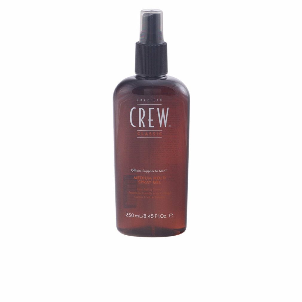 Braune Flasche mit schwarzem Sprühkopf. Aufschrift: CREW CLASSIC, MEDIUM HOLD SPRAY GEL. Volumen: 250 ml.