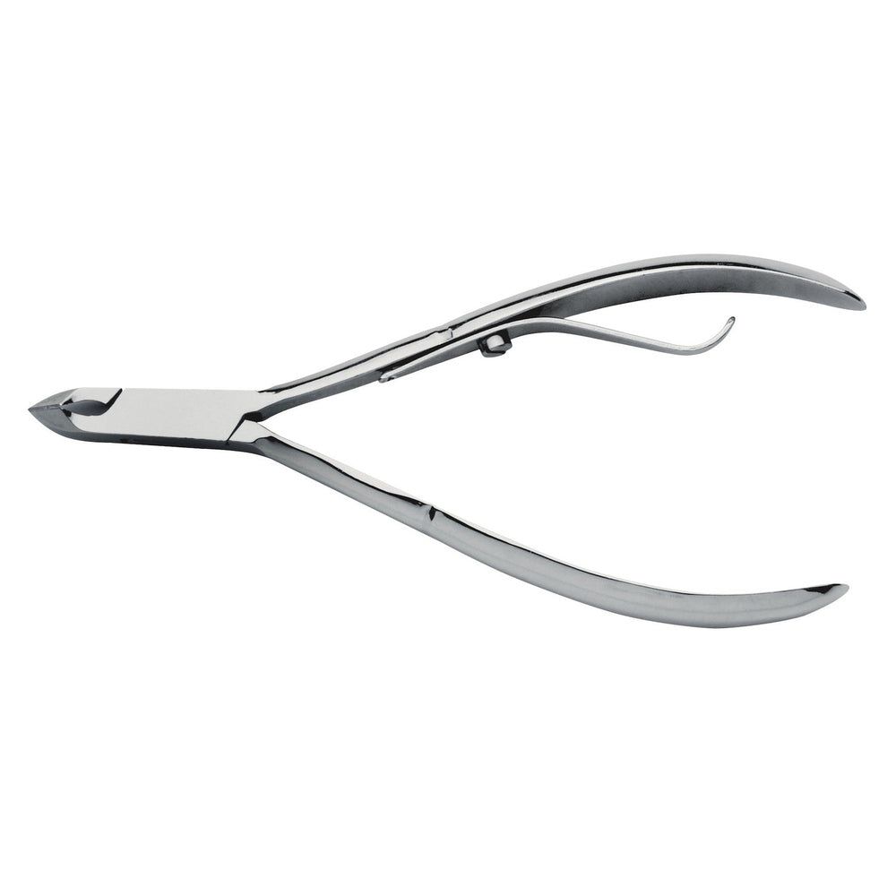Nagelzange, Metall, silberfarben. Gebogene Griffe, Schneidbereich. Professionelles Werkzeug.