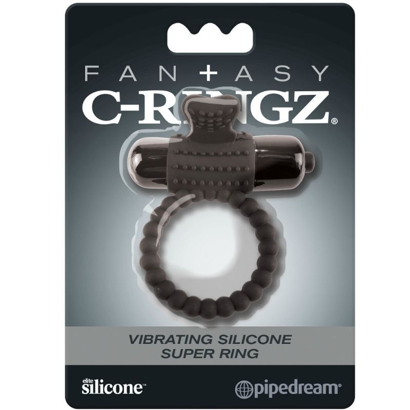 Fantasy C-Ringz Verpackung mit schwarzem Silikonring und perlmuttfarbenem Vibrator.