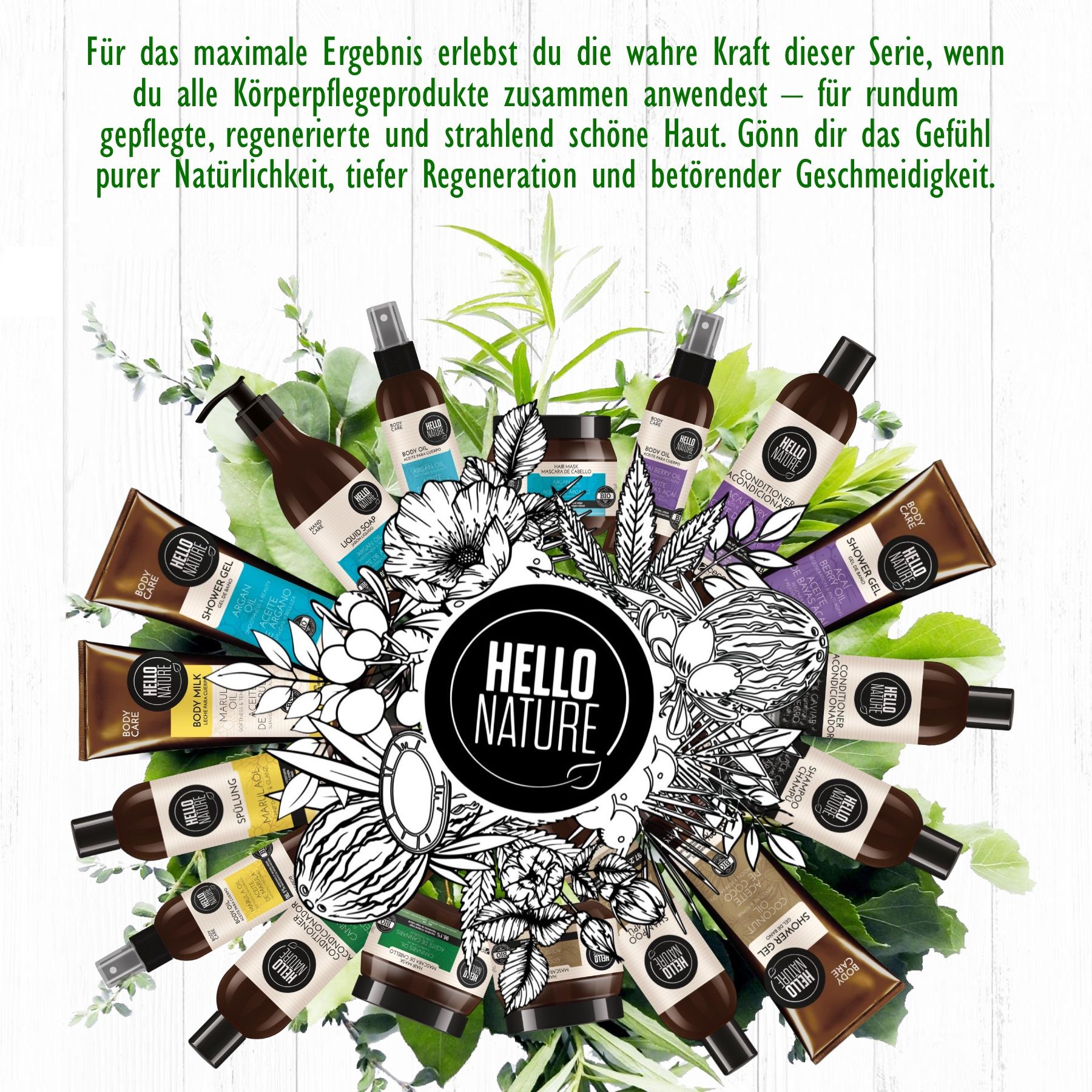 Verschiedene Körperpflegeprodukte, umgeben von Blättern. Text: Hello Nature. Text: Für rundum gepflegte, regenerierte und strahlend schöne Haut.