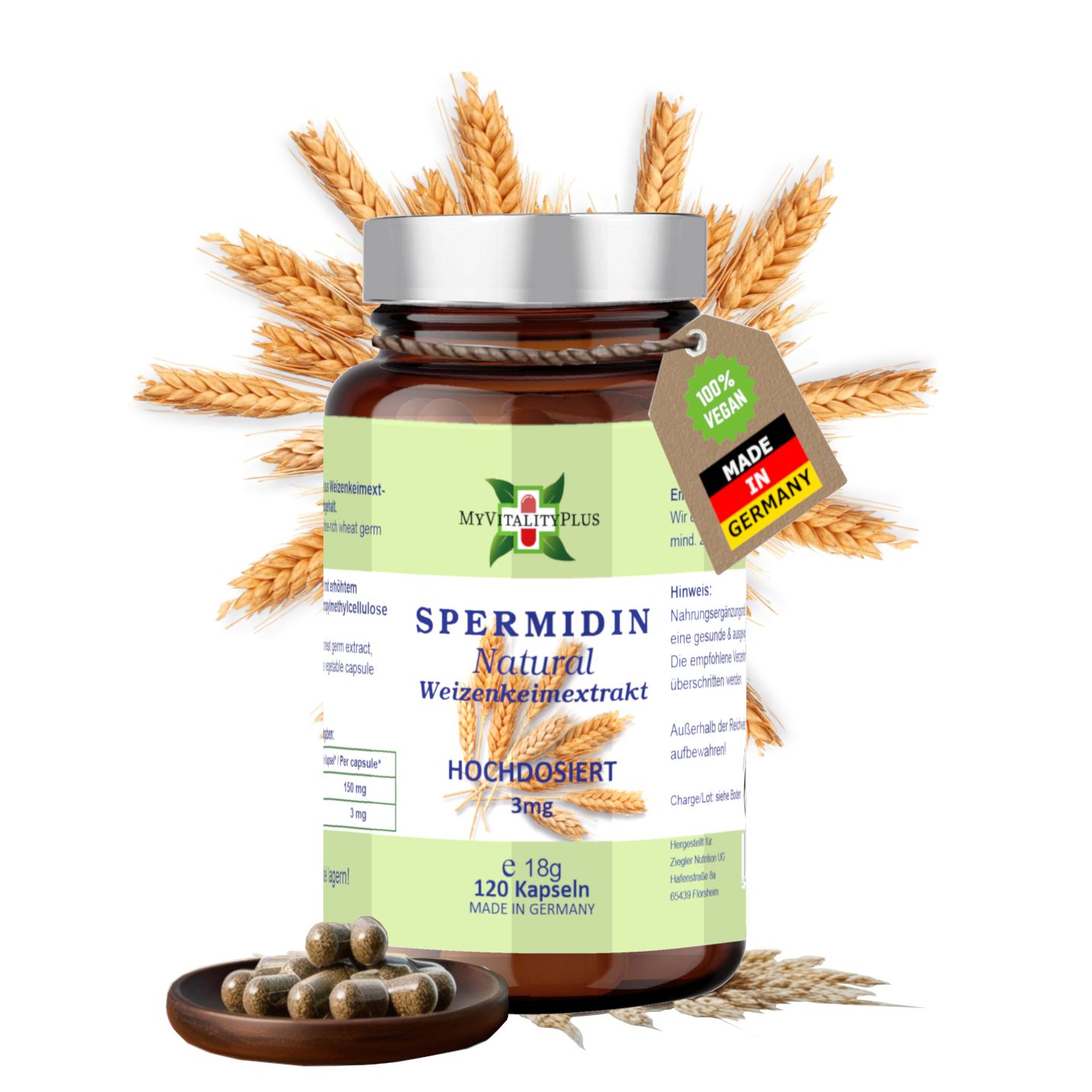 Braune Glasflasche mit silbernem Deckel, Etikett "Spermidin Natural". Weizenähren-Dekoration. 100% Vegan, Made in Germany. Kleine Holzschale mit Kapseln.
