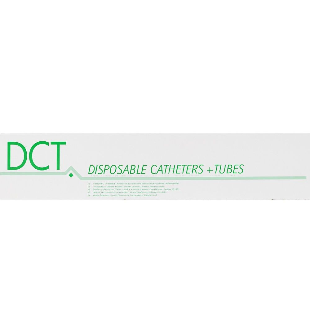 Verpackung mit grünem "DCT"-Logo und der Aufschrift "DISPOSABLE CATHETERS + TUBES".