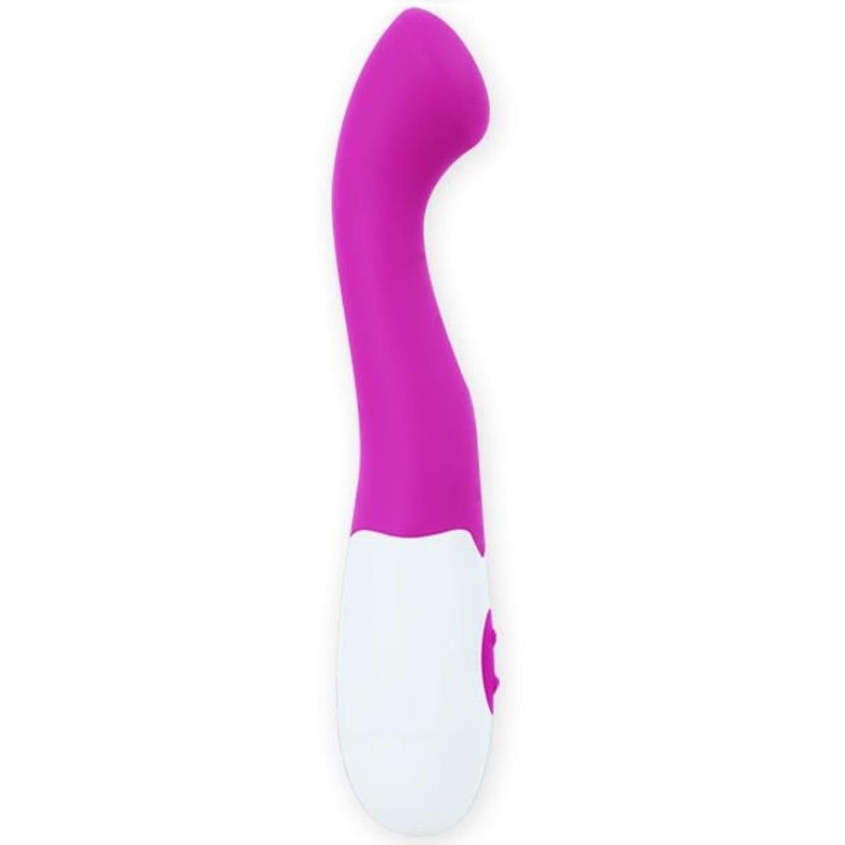 Vibrator, pink und weiß. Gebogene Form mit abgerundeter Spitze. Zwei Knöpfe am Griff.