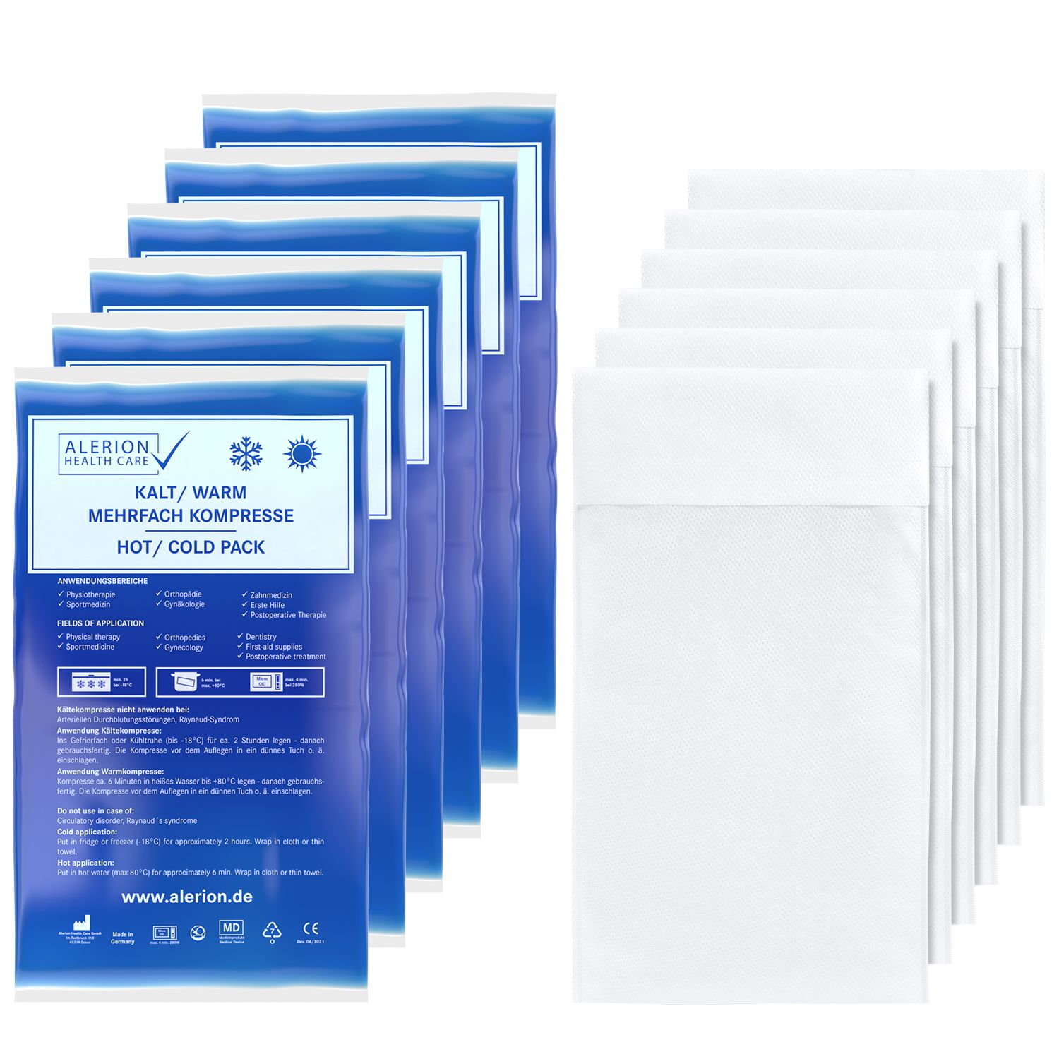 Mehrfach Kompressen mit Vlieshüllen. Blaue Verpackung mit weißem Text. Marke Alerion. Kalt/Warm Kompresse. Hot/Cold Pack.
