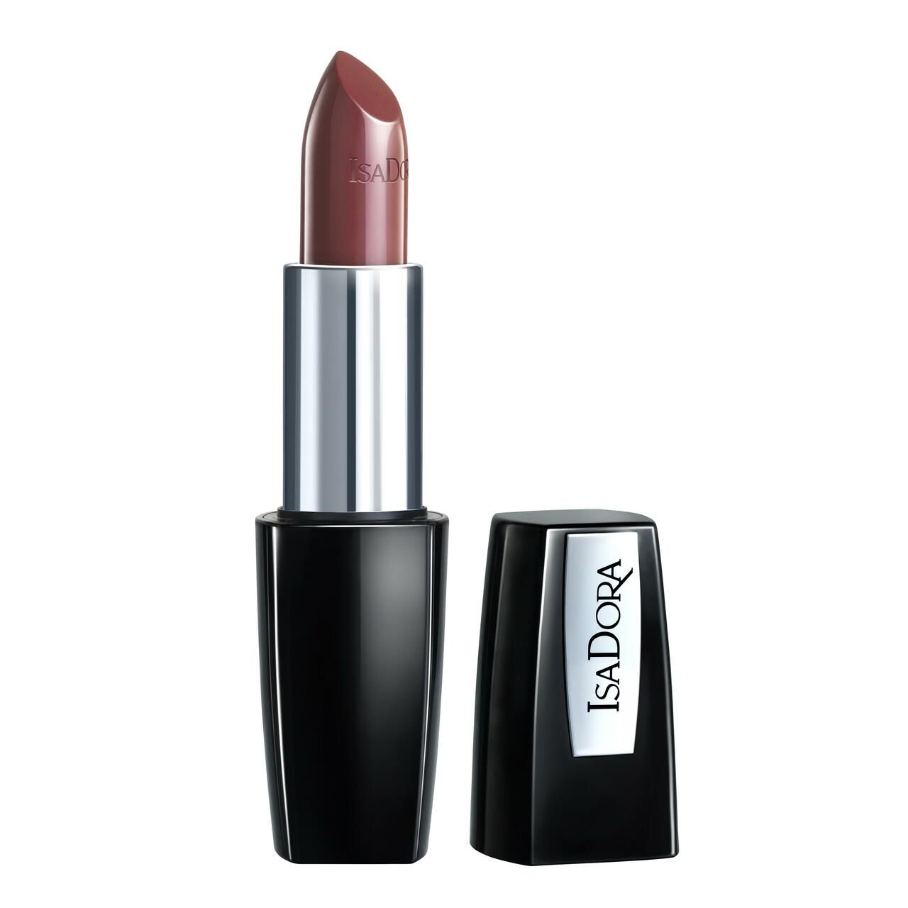 Lippenstift mit geöffneter Kappe. Schwarzer Behälter, silberne Hülse, rosafarbene Lippenstiftspitze. Marke: IsaDora.