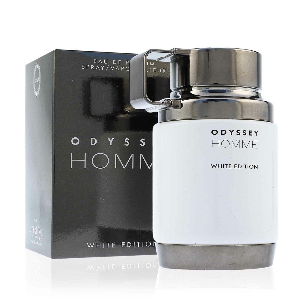 Weißer Flakon mit schwarzem Deckel und Griff, neben einer schwarzen Schachtel. Aufschrift: Odyssey Homme White Edition. Eau de Parfum Spray.