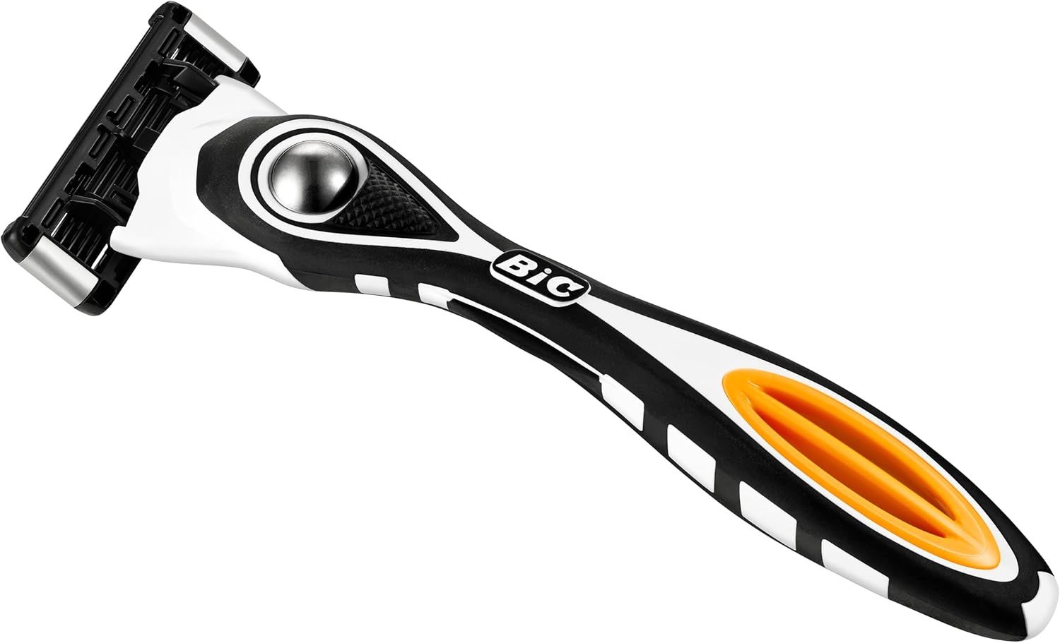 Rasierer mit schwarzem, weißem und orangefarbenem Griff. BIC-Logo. Detailansicht des Rasiererkopfes.