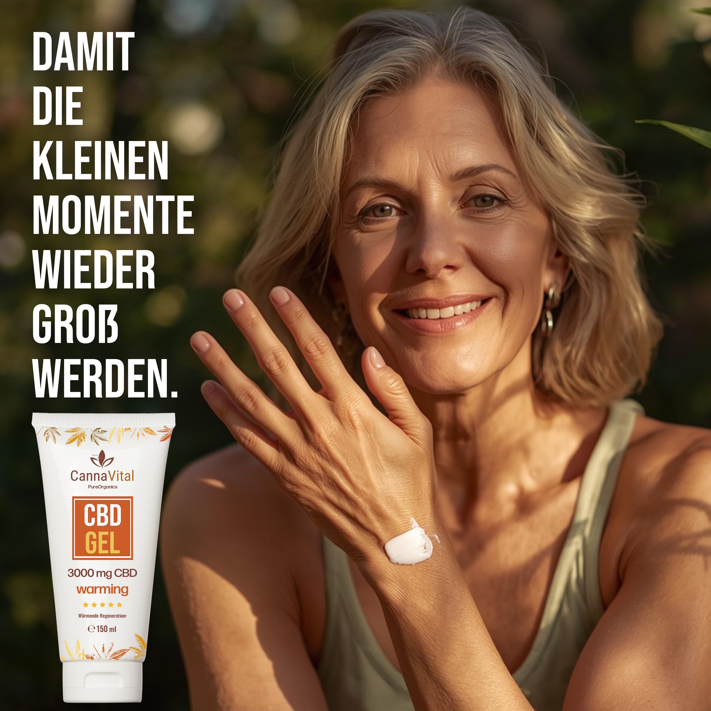 Weißes Gel-Tuben-Produkt mit orangefarbenem Etikett. Text: CBD GEL, 3000 mg CBD warming. Gel auf Hand aufgetragen. Frau lächelt.