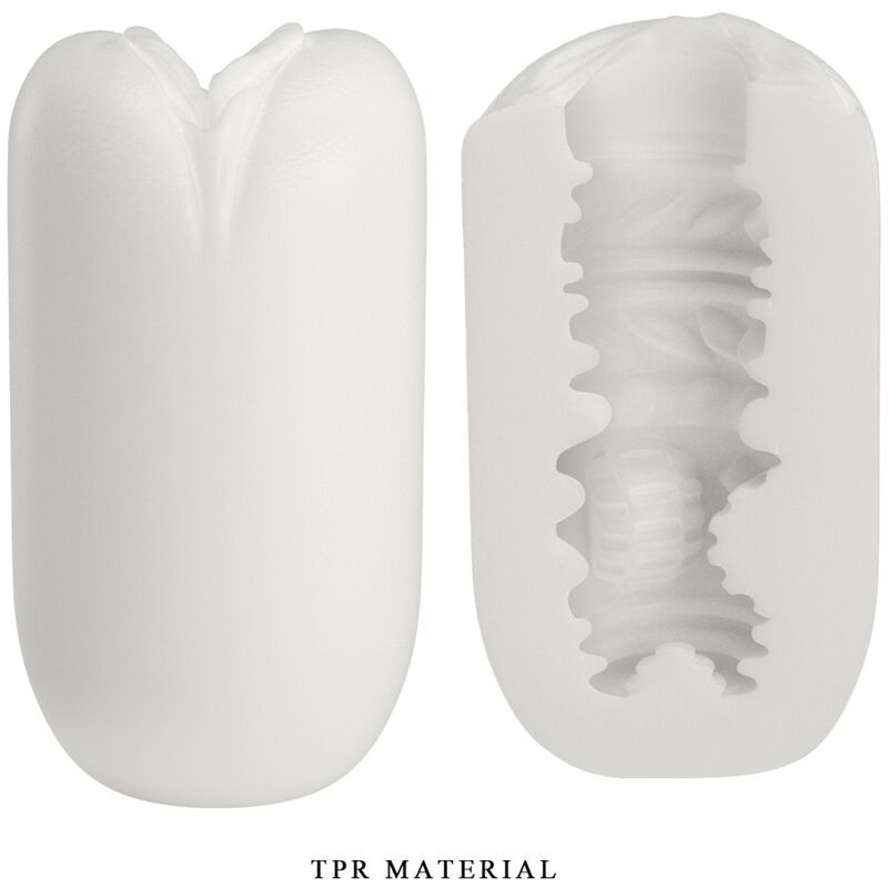 Weißer Masturbator, länglich, mit einer Öffnung und einer texturierten Innenseite. Aufschrift: TPR MATERIAL.