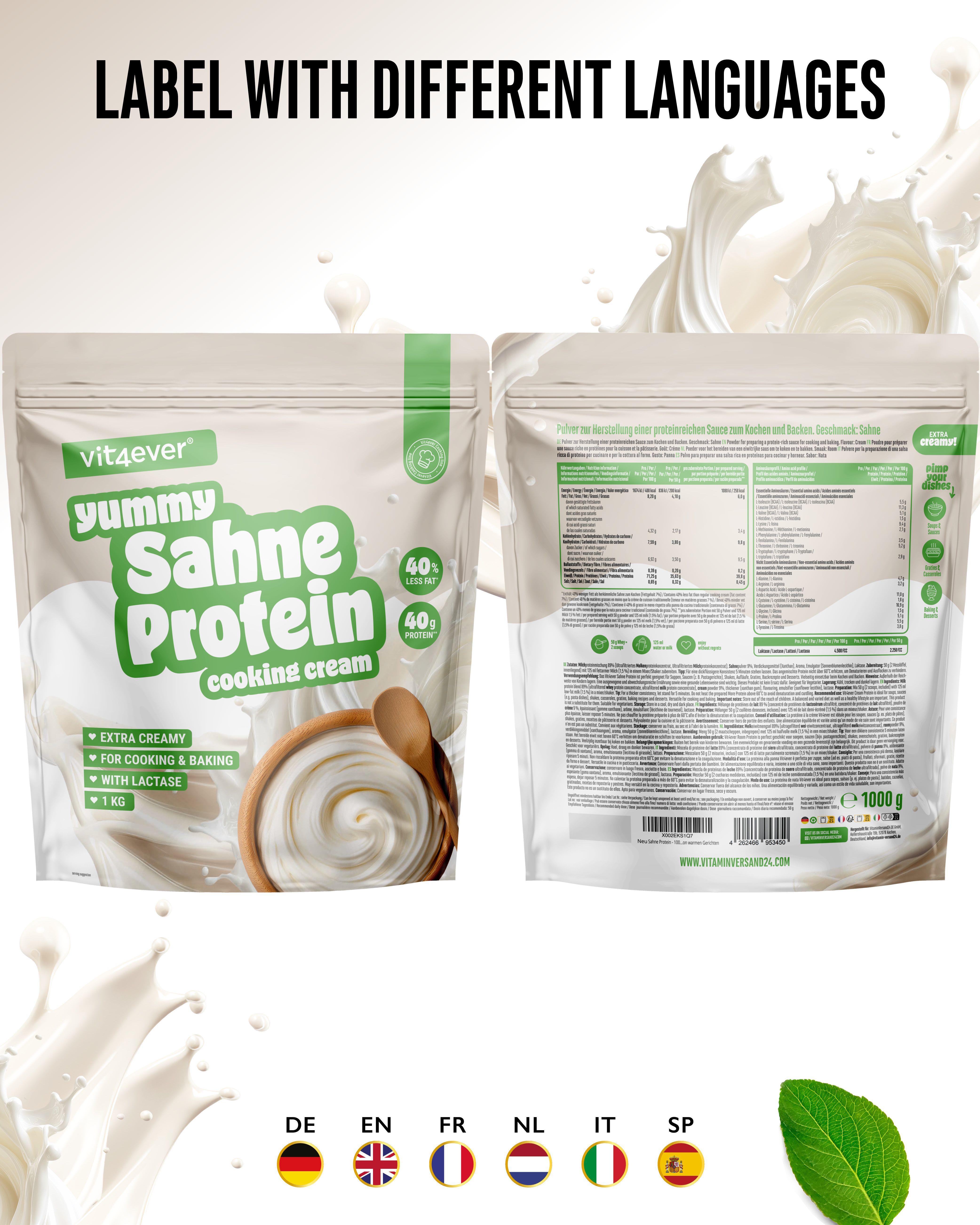 Produktverpackung mit Logo und Text in verschiedenen Sprachen. Rückseite mit Nährwertangaben und Zutatenliste. 1000g Packung.