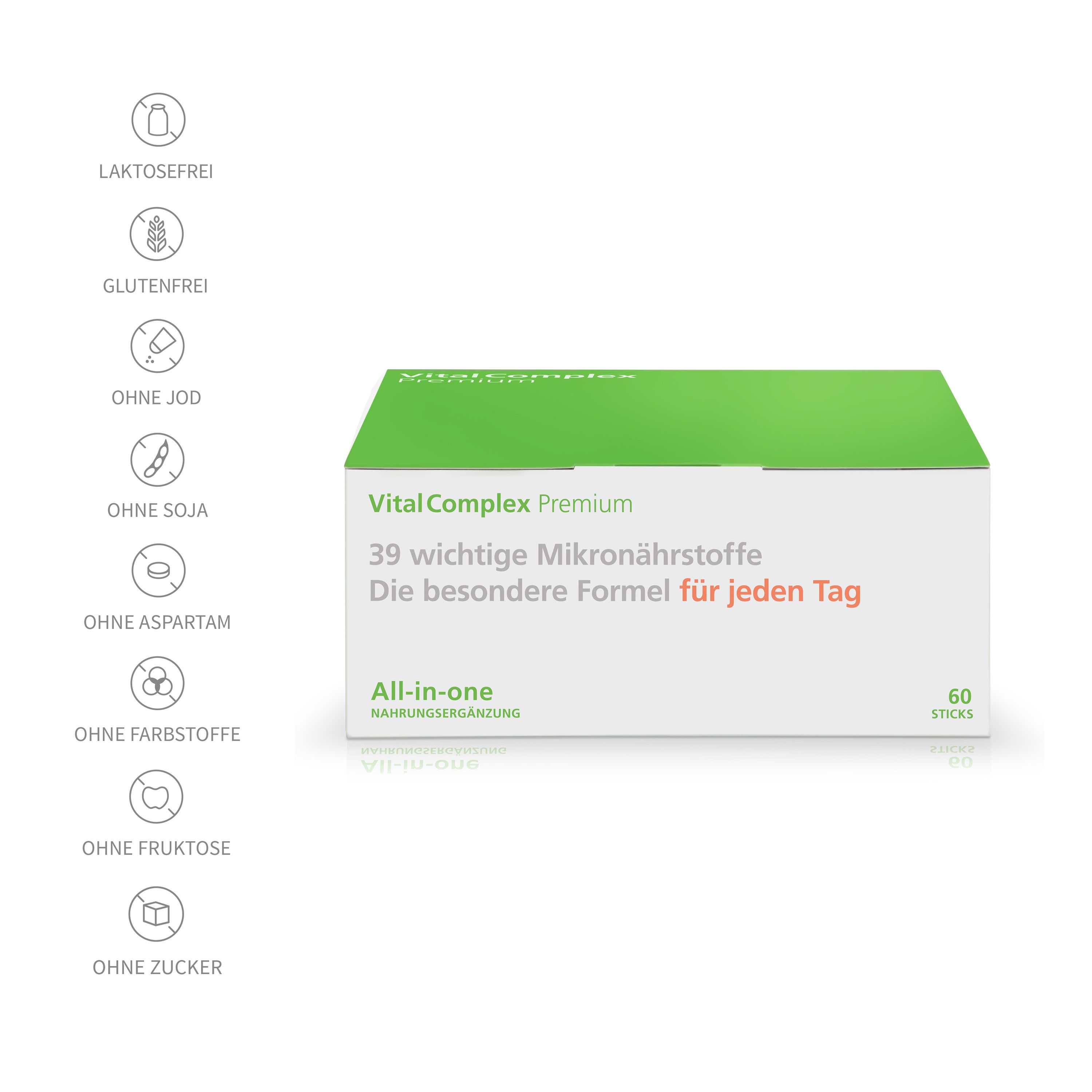 VitalComplex Premium Box. Text: 39 wichtige Mikronährstoffe für jeden Tag. Auf der linken Seite sind Symbole für Inhaltsstoffe.