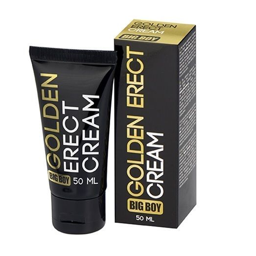Schwarze Tube und Schachtel mit goldfarbenem Schriftzug "GOLDEN ERECT CREAM" und "BIG BOY". 50 ml.