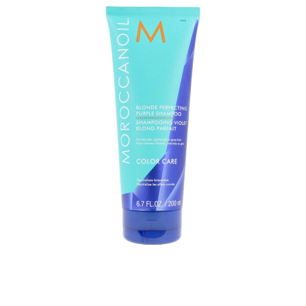 Türkisfarbene Tube mit lila Shampoo-Aufschrift. Marke Moroccanoil. Text: Blonde Perfecting Purple Shampoo. 6.7 fl.oz/200ml.