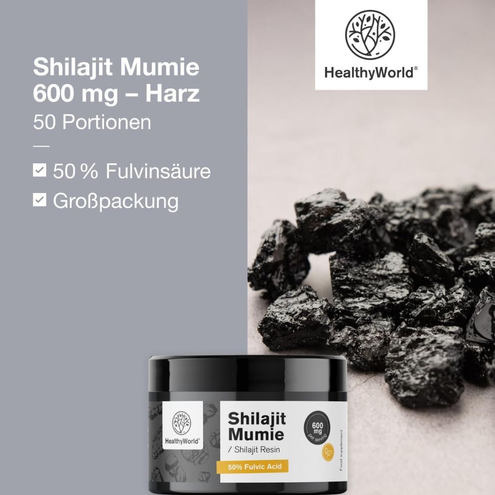 Produktverpackung Shilajit Mumie, 600 mg, Harz, 50 Portionen. Ayurveda, effektive Aufnahme, Unterstützung.