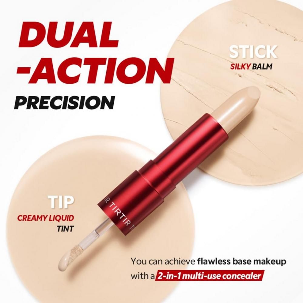 Zweifacher Concealer mit rotem Gehäuse. Ein Ende ist ein Stift, das andere ein Applikator. Produktname sichtbar.
