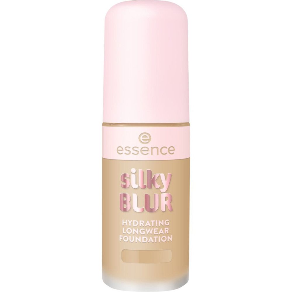 Foundation-Flakon mit rosa Deckel. Aufschrift: essence, silky blur, Hydrating Longwear Foundation. Beige Farbton.
