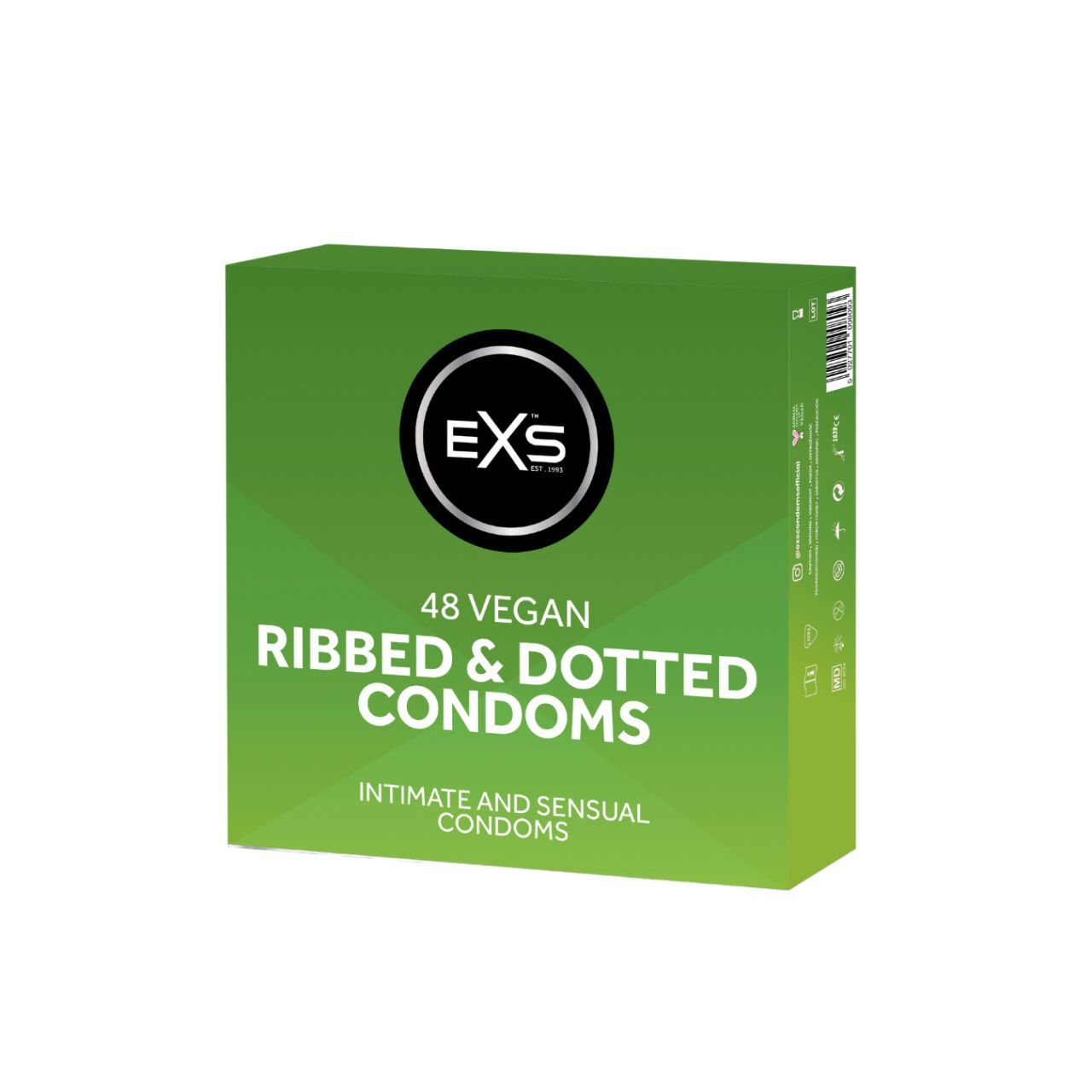Verpackung mit 48 veganen EXS Ribbed & Dotted Kondomen.