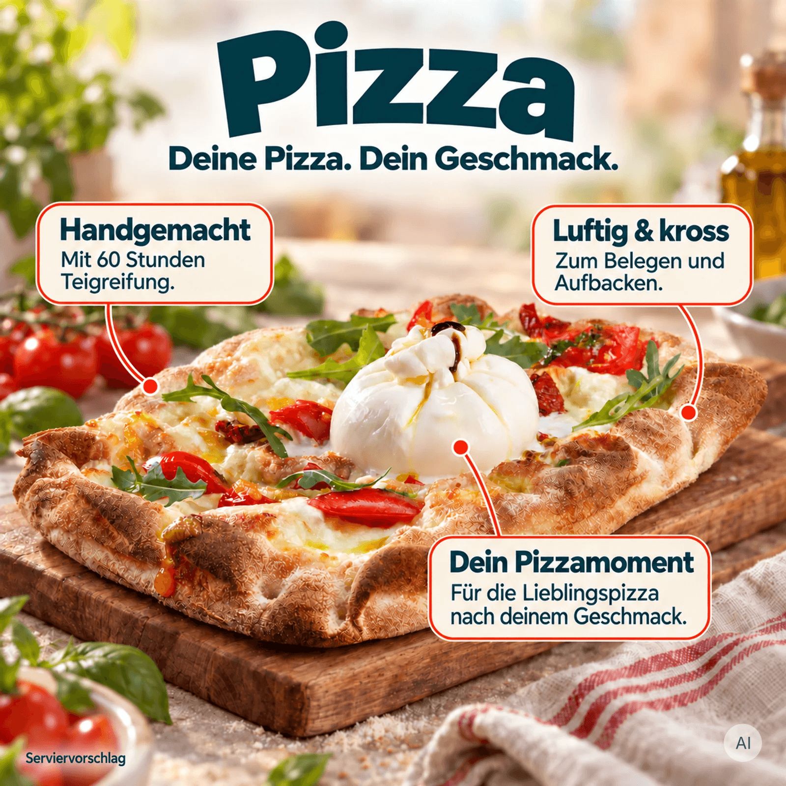 Verpackter Pizzaboden mit Nährwertangaben, Proteinen, Kohlenhydraten und Ballaststoffen.