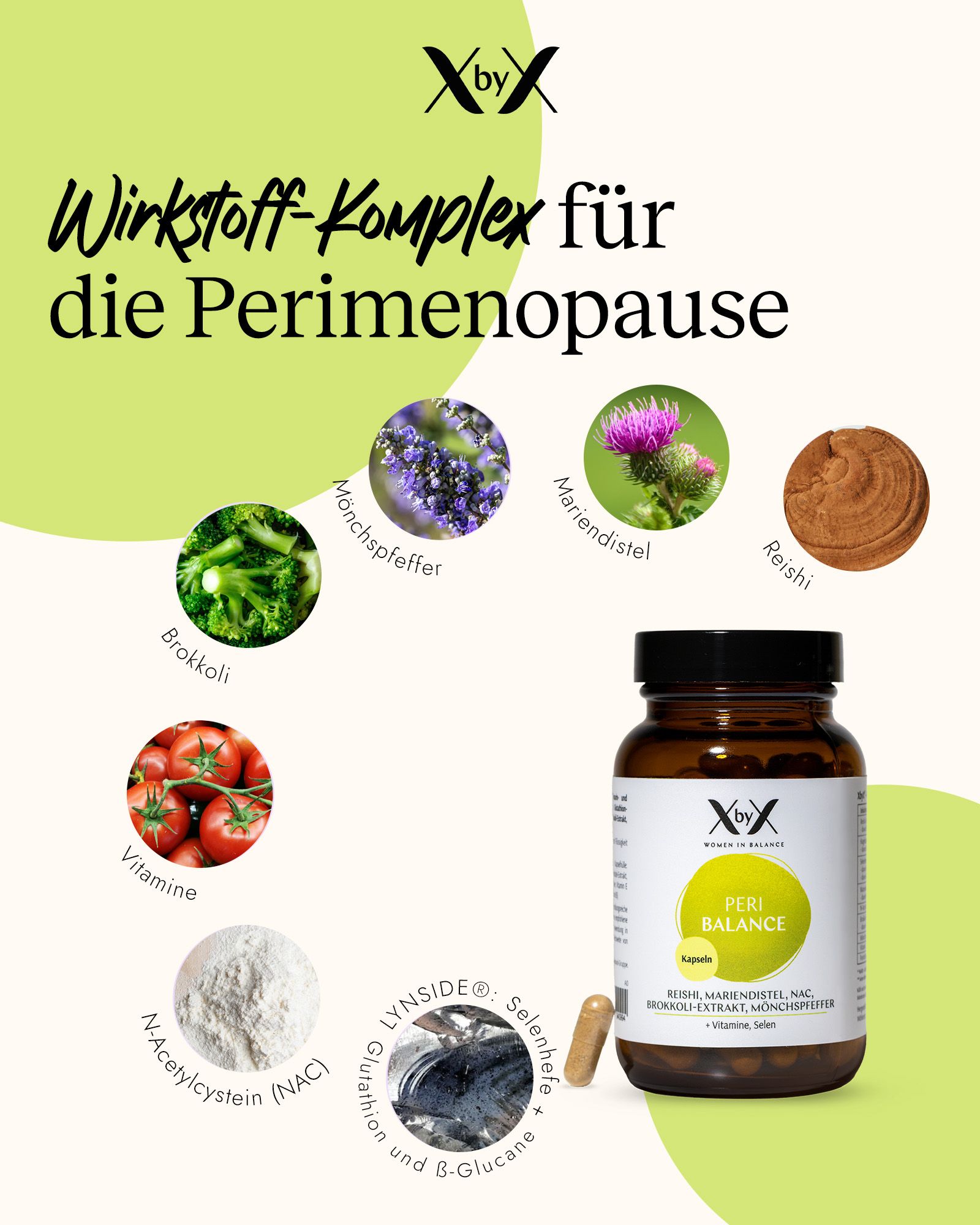XbyX Peri Balance Flasche mit Darstellungen von Brokkoli, Mönchspfeffer, Mariendistel, Reishi, Tomaten, NAC.