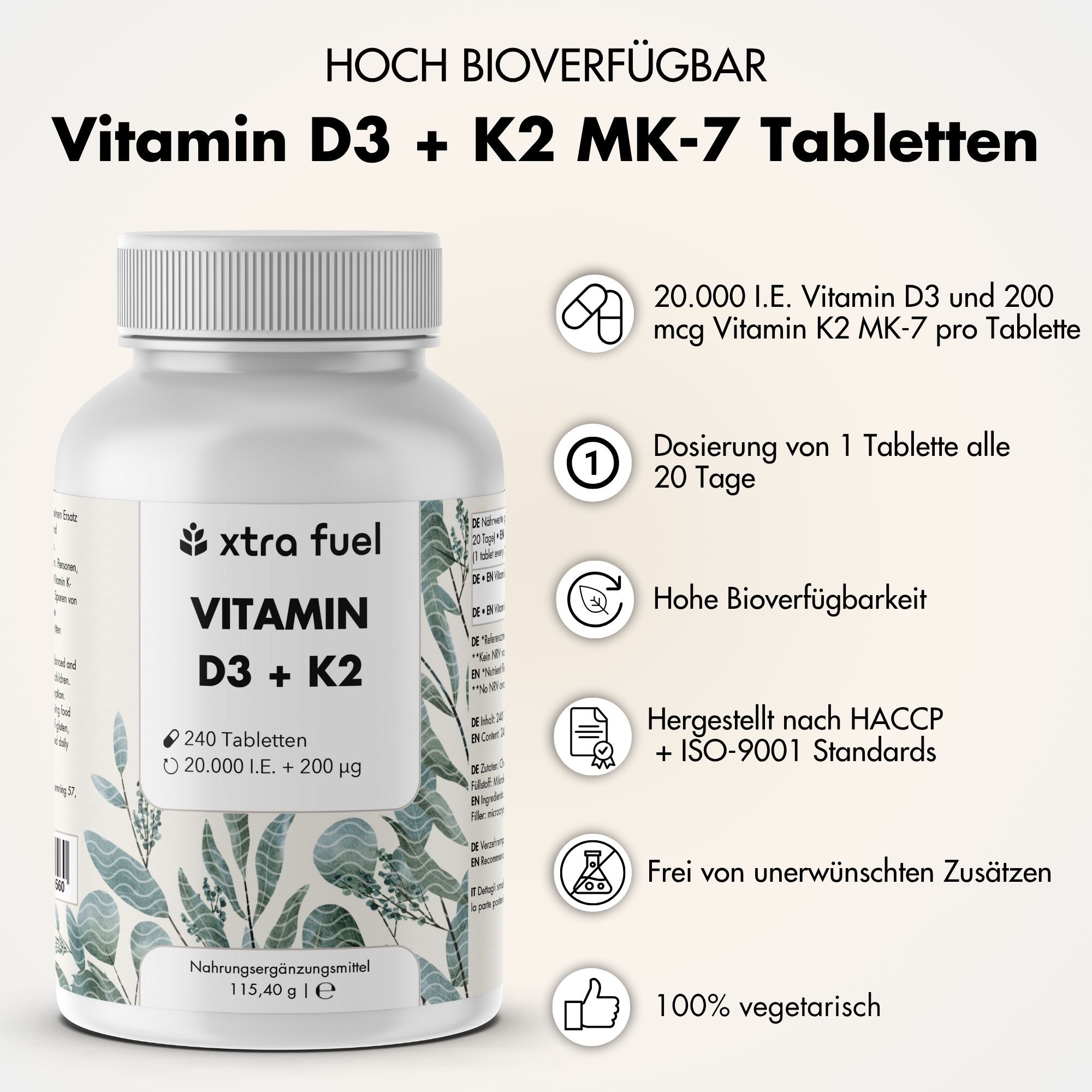 Vitamin D3 + K2 Tabletten, Flasche. 240 Tabletten. 20.000 I.E. + 200 mcg. Hoch bioverfügbar. Vegetarisch.