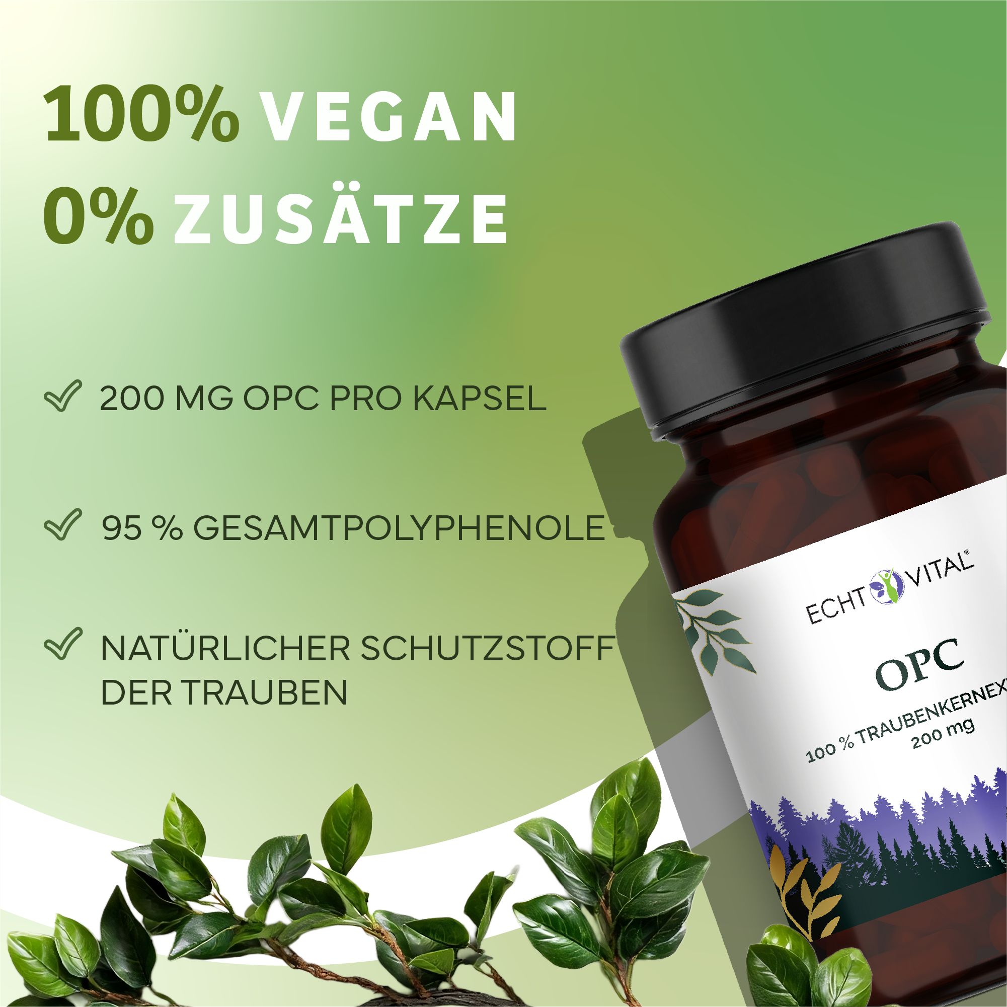 Braune Glasflasche mit schwarzem Deckel. Aufschrift: Echt Vital OPC, 200 mg. Grün-weißes Etikett. Text: 100% vegan, 0% Zusätze.