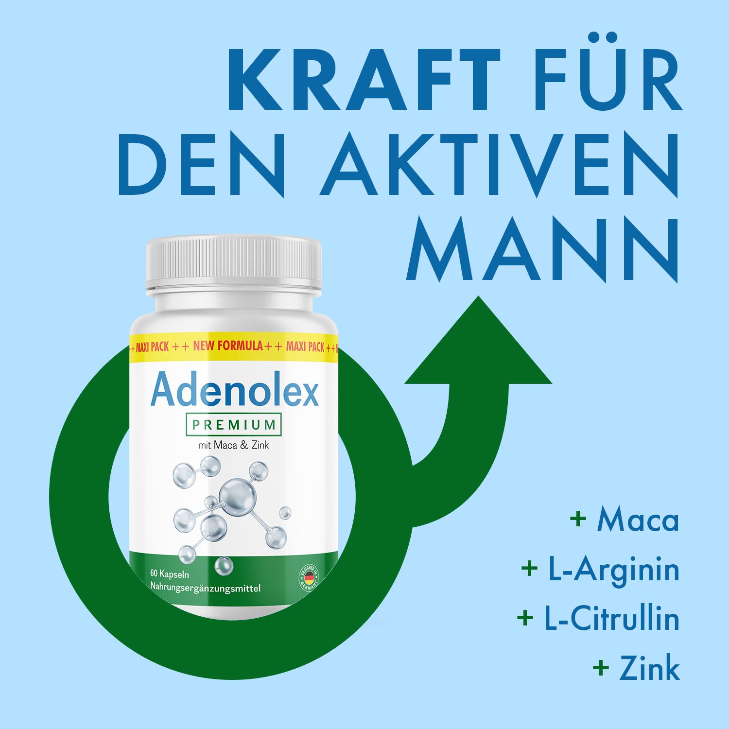 Produktflasche mit Aufschrift Adenolex Premium. Text: Kraft für den aktiven Mann. Inhaltsstoffe: Maca, L-Arginin, L-Citrullin, Zink. Blauer Hintergrund.