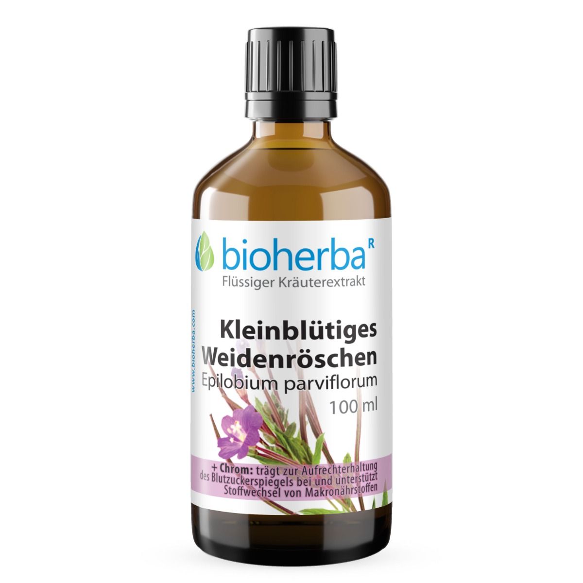 Braune Glasflasche mit schwarzem Deckel. Enthält Bioherba, Kleinblütiges Weidenröschen, Epilobium parviflorum, 100 ml. Auf weißem Hintergrund.