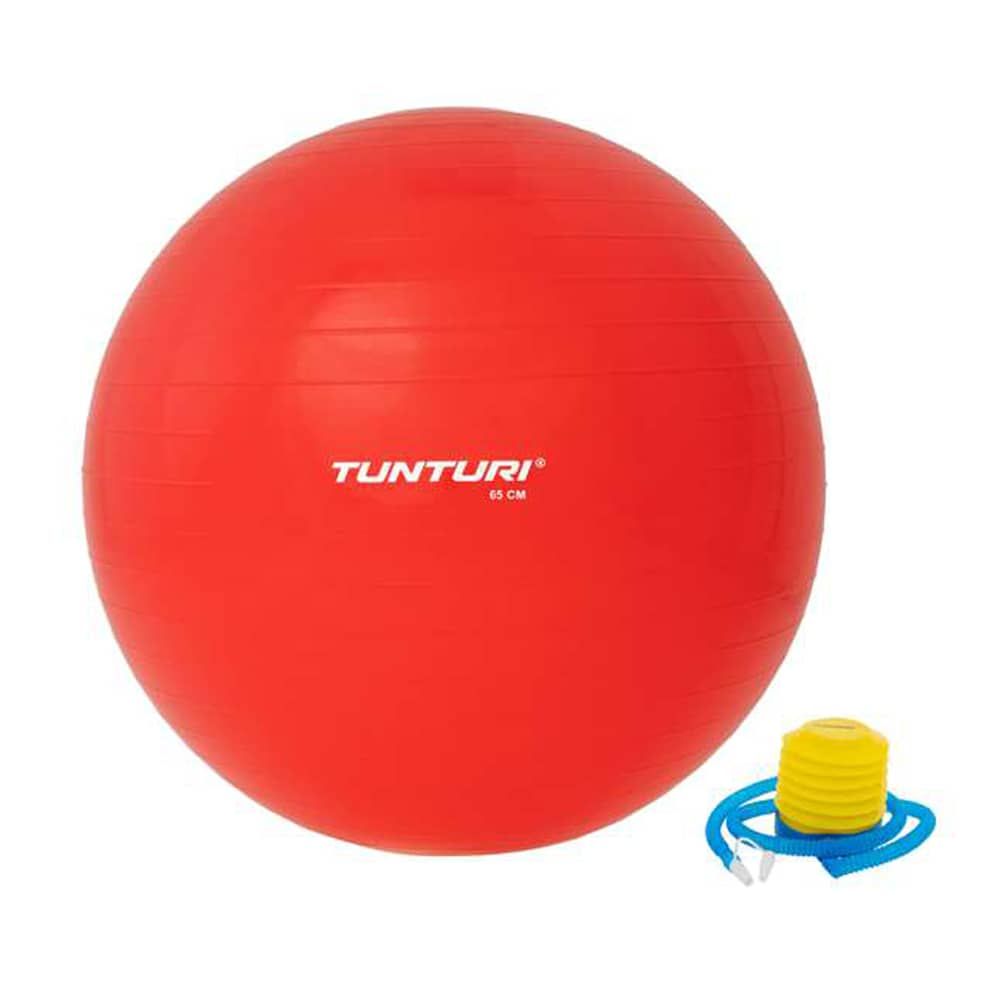 Roter Gymnastikball mit Logo. Inklusive Pumpe. Aufschrift: Tunturi, 55 cm.