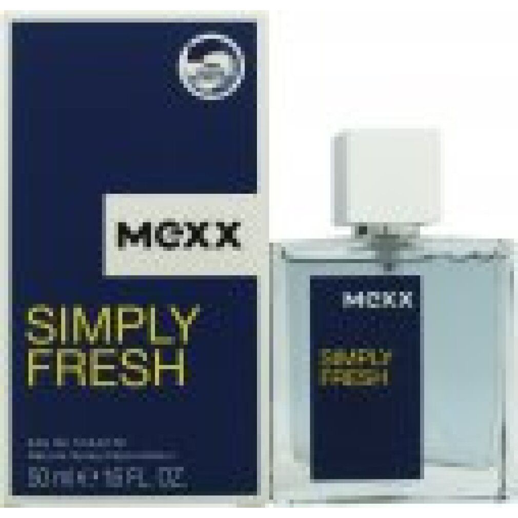 Mexx Simply Fresh Eau de Toilette Spray. Flakon und Verpackung. Blau-weiße Verpackung mit Produktnamen. Transparenter Flakon mit weißem Verschluss.