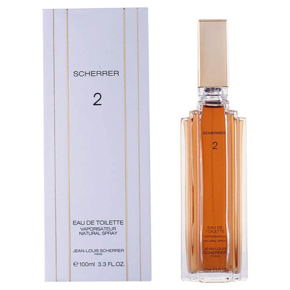 Scherrer 2 Eau de Toilette Flakon und Verpackung. Rechteckiger Flakon mit goldfarbenem Verschluss. Verpackung mit Logo und Produktbezeichnung.