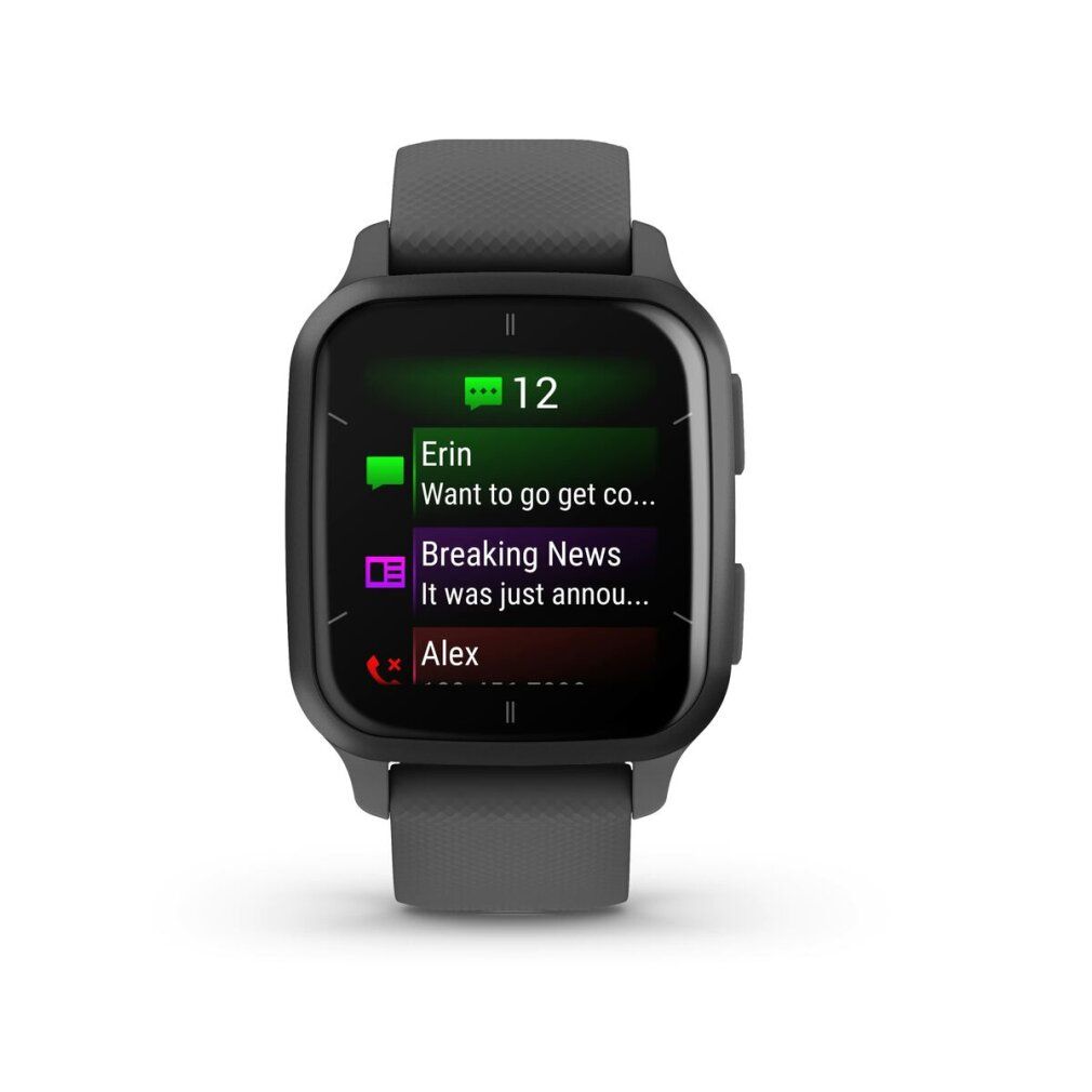 Graue Smartwatch mit schwarzem Display. Zeigt Nachrichten von Kontakten. Graues Armband, schwarzes Gehäuse.