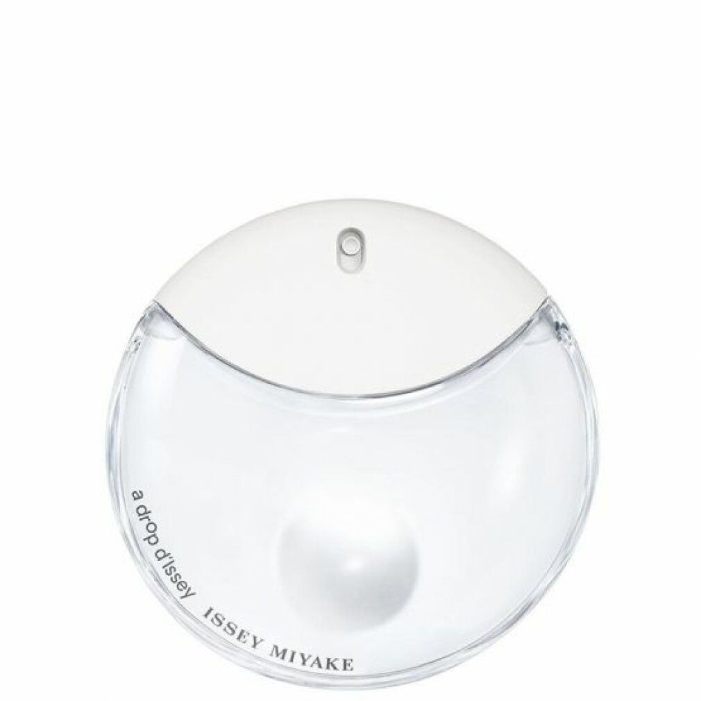Runder Flakon mit weißem Deckel. Aufschrift: a drop d'Issey, ISSEY MIYAKE. Transparenter Behälter mit weißer Kugel.