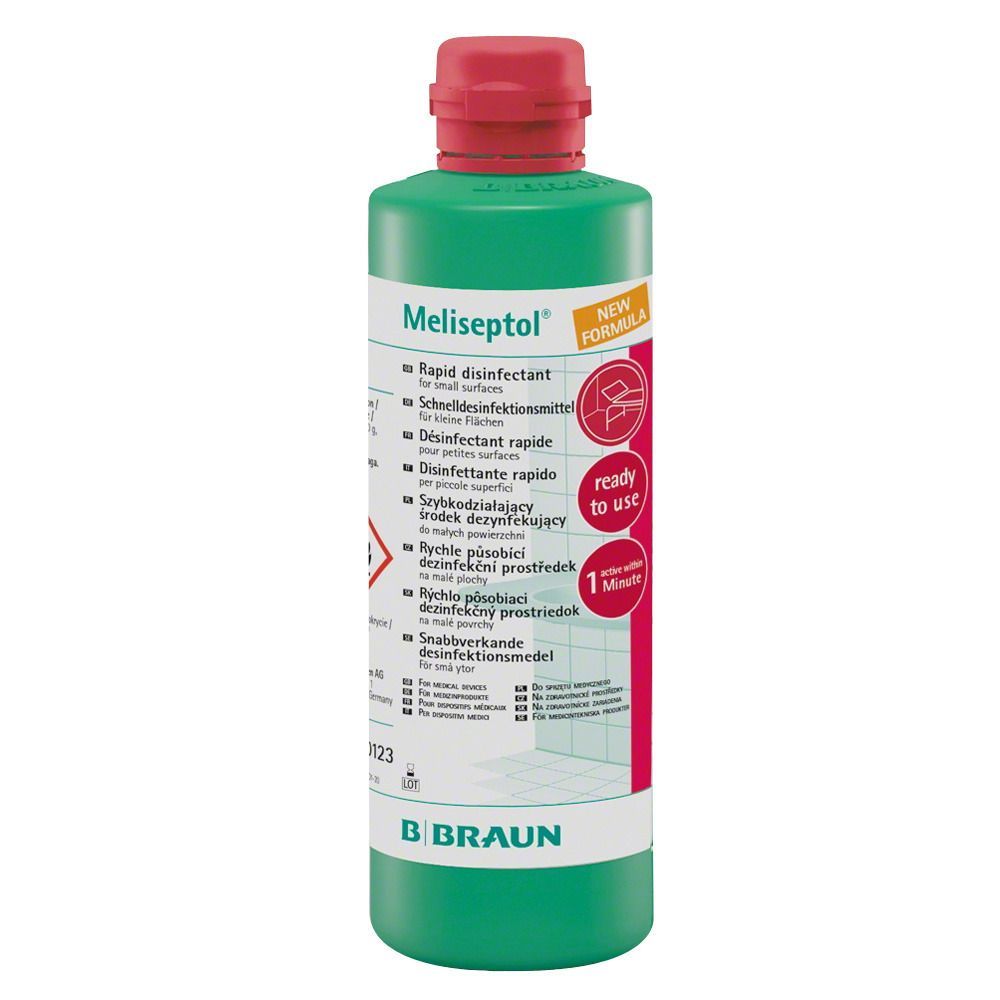 Grüne Flasche mit rotem Verschluss. Aufschrift: Meliseptol, Schnelldesinfektion. B. Braun Logo. Gefahrensymbol.