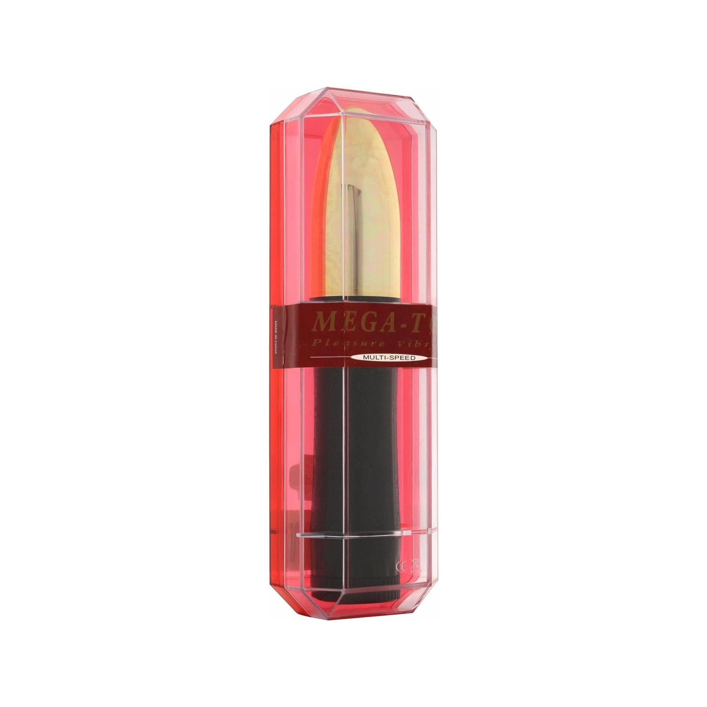 Vibrator in roter, transparenter Verpackung. Goldfarbene Spitze, schwarzer Schaft. Aufschrift "MEGA-T".