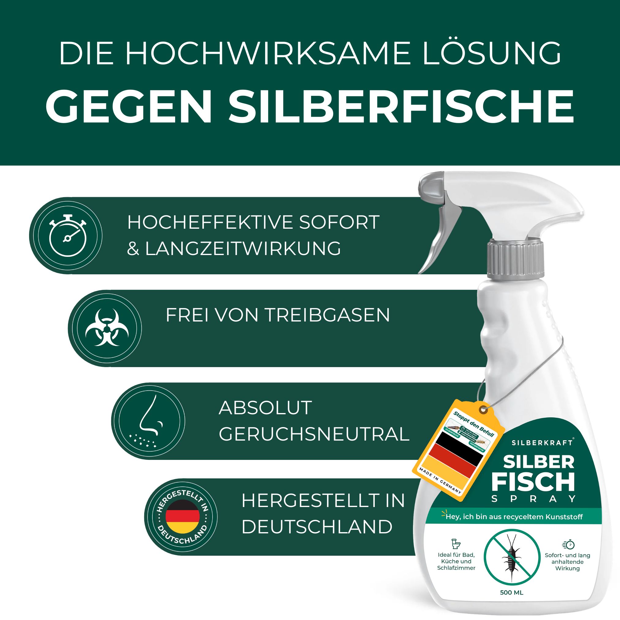 Produktflasche mit Text: Hochwirksame Lösung gegen Silberfische. Icons: Sofortwirkung, ohne Treibgase, geruchsneutral, hergestellt in Deutschland.