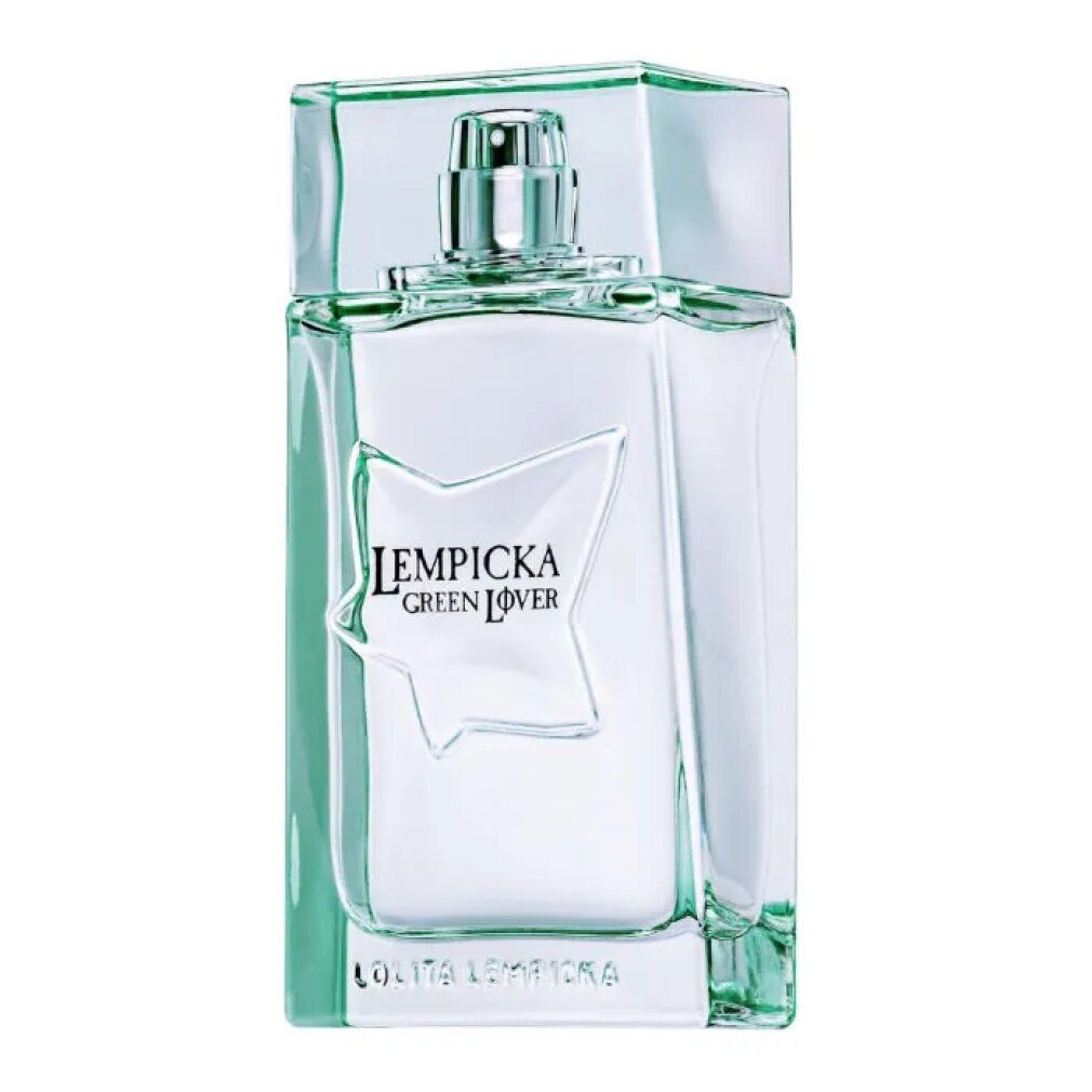 Grüner Flakon mit silbernem Zerstäuber. Aufschrift: Lempicka Green Lover. Rechteckige Form mit Stern-Design.