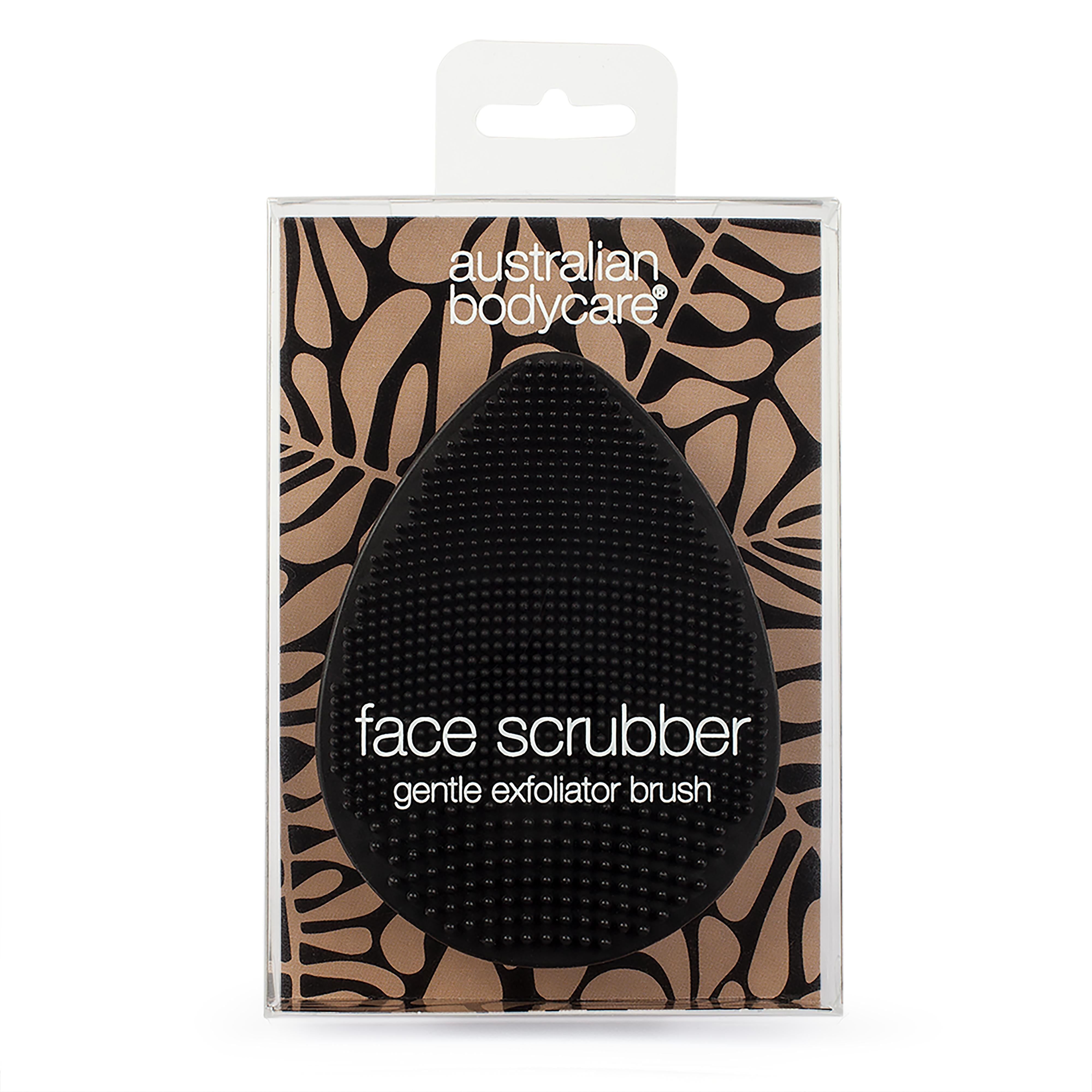 Schwarzer, tropfenförmiger Gesichtsreiniger in Verpackung. Aufschrift: Australian Bodycare, Face Scrubber, gentle exfoliator brush.