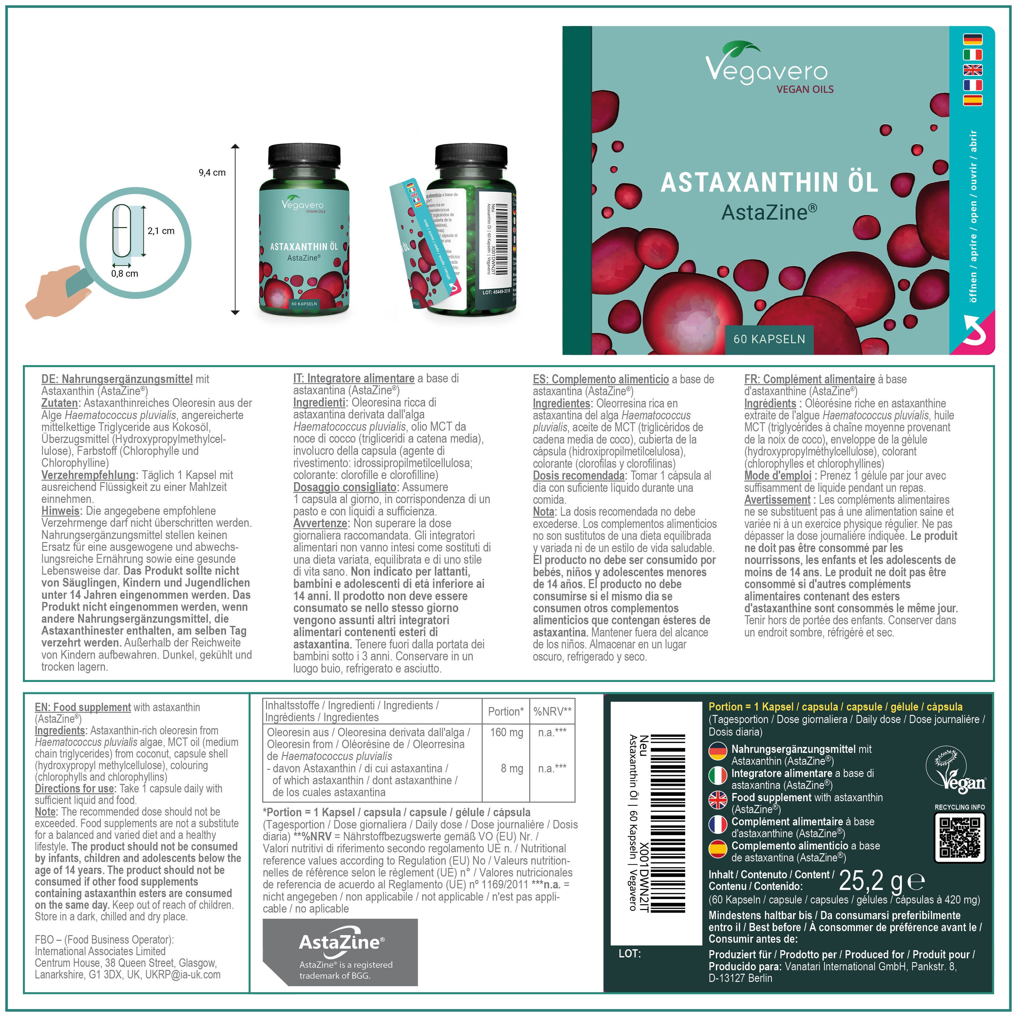 Produktverpackung mit Flasche und Beipackzettel. Aufschrift: VEGAVERO, ASTAXANTHIN ÖL, AstaZine, 60 Kapseln. Detailinformationen.