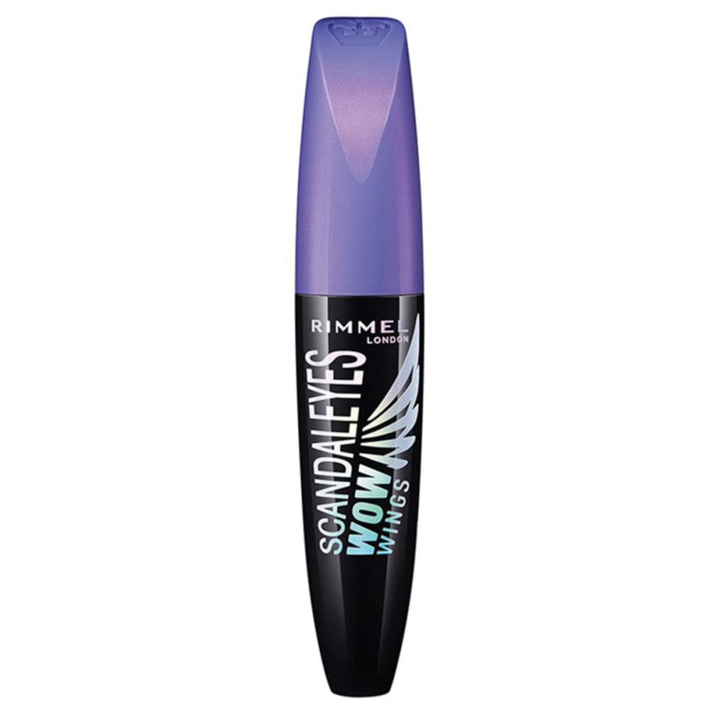 Mascara-Tube mit lila Deckel. Text: Rimmel London Scandaleyes Wow Wings.
