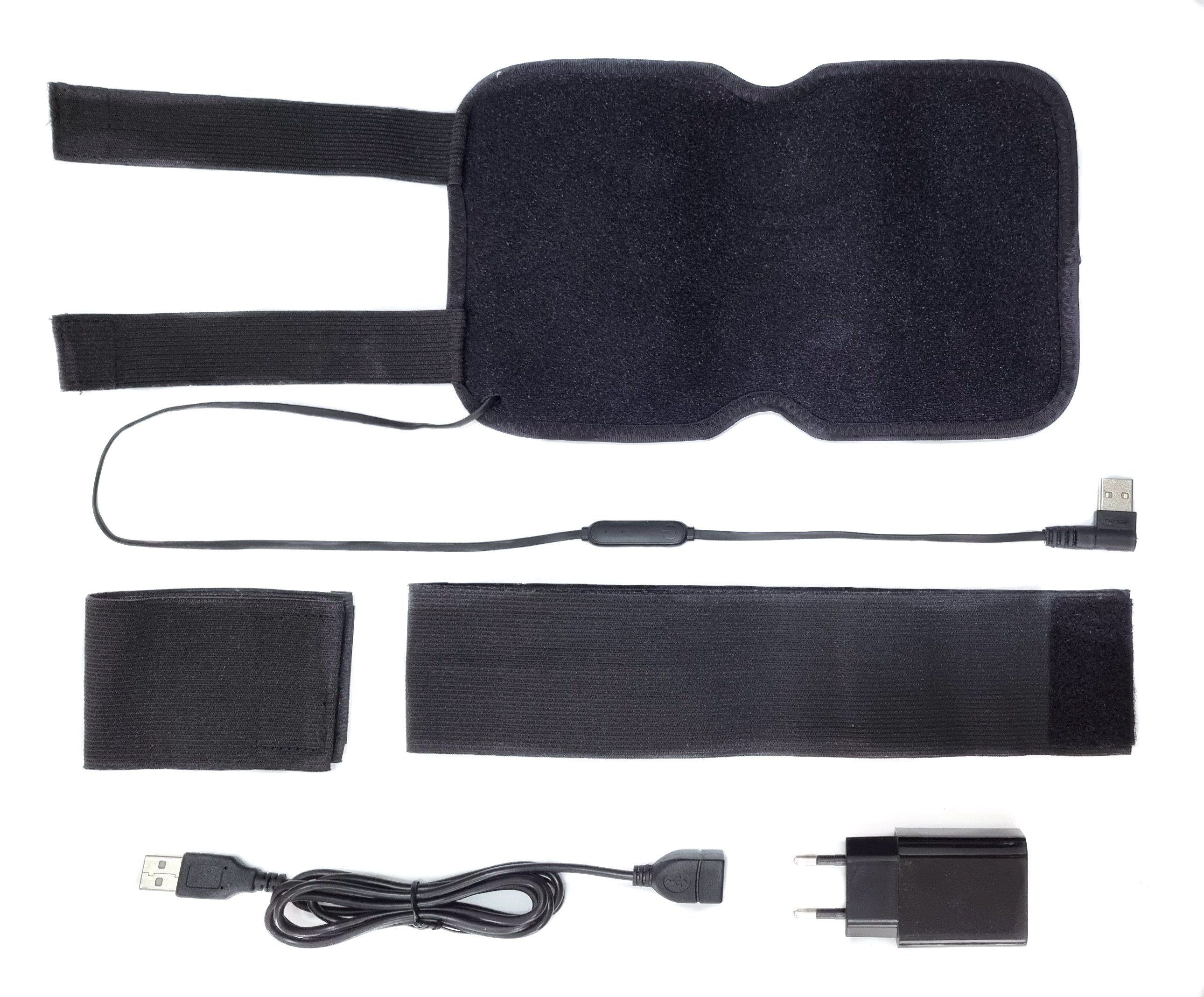 Schwarzes Heizpad mit Klettverschlüssen, Kabel, Netzteil, Akku und einem zusätzlichen kleinen Pad.
