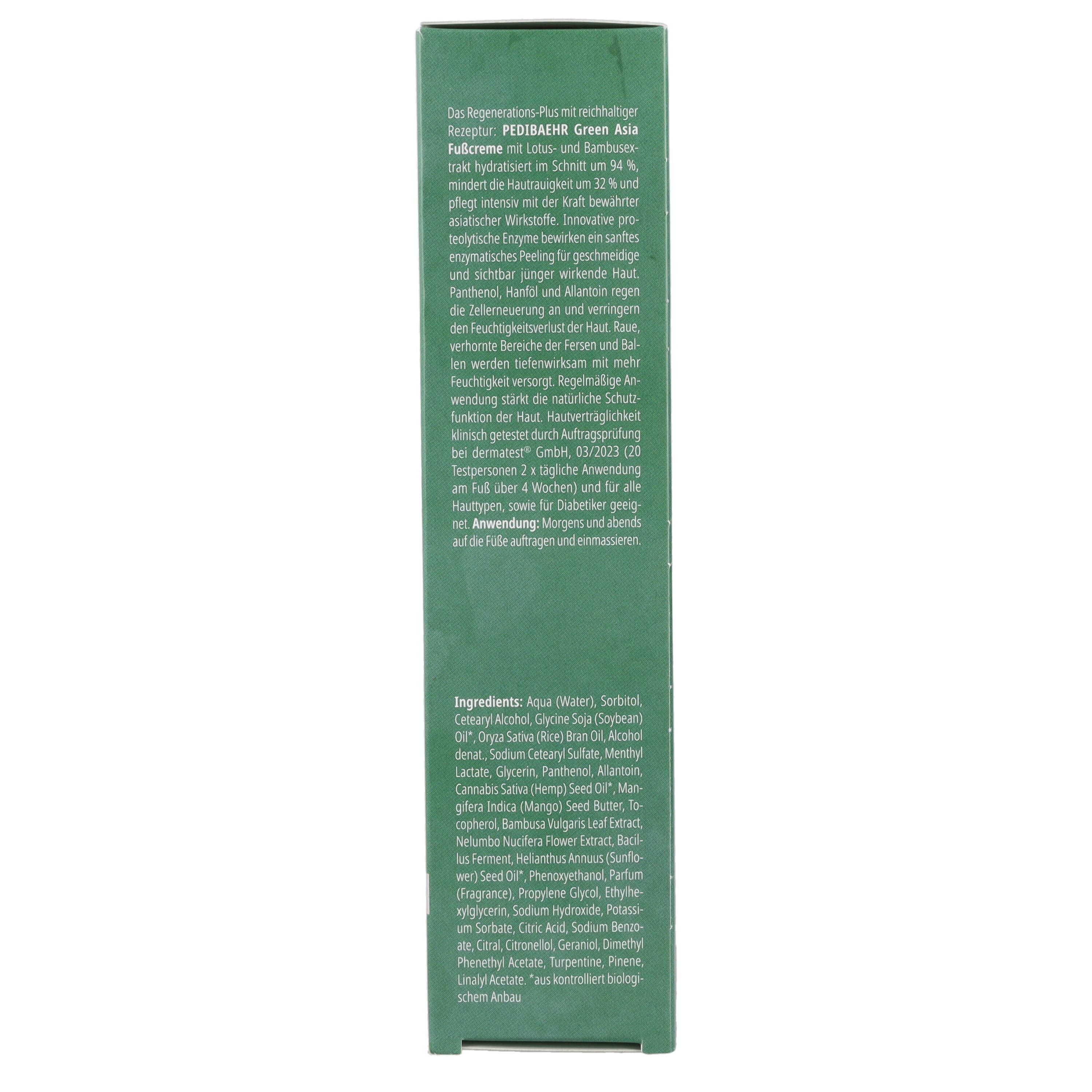 Pedibaehr Fußcreme Green Asia Karton Rückseite mit Inhaltsstoffen.