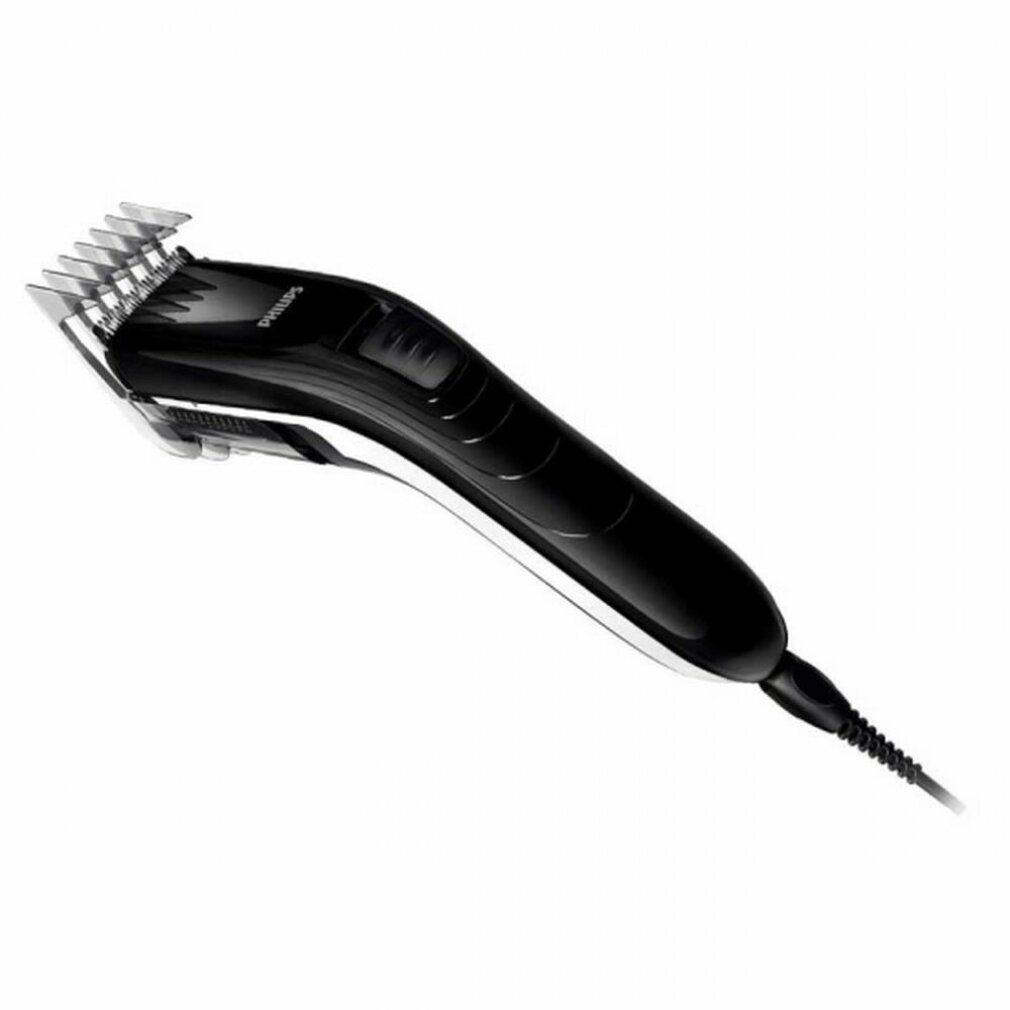 Schwarzer Bart- und Haarschneider mit silbernen Klingen. Das Gerät hat einen schwarzen Griff und ein Kabel.