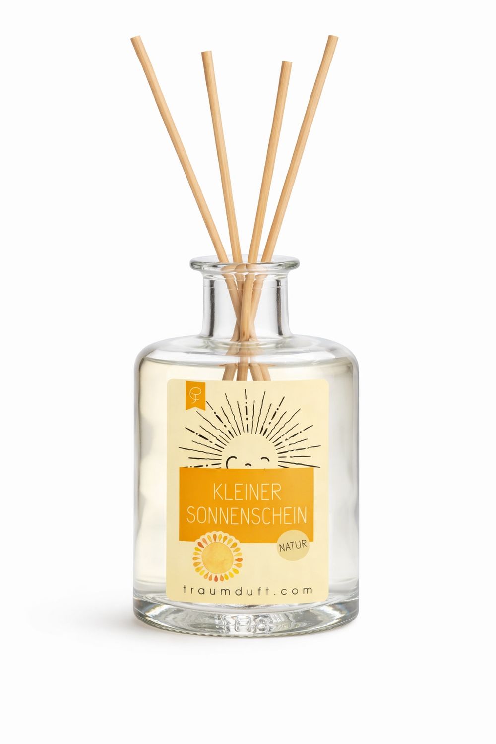 Glasflakon mit Flüssigkeit und Holzstäbchen. Etikett mit Sonne und Text: Kleiner Sonnenschein, Natur. Marke: traumduft.com.