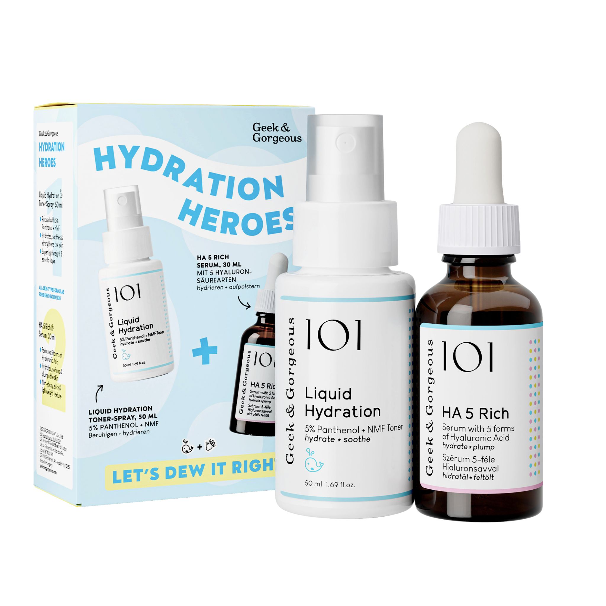 Geschenkset mit zwei Flaschen und einer Sprühflasche. Aufschrift: Hydration Heroes. Enthält HA 5 Rich Serum und Liquid Hydration.