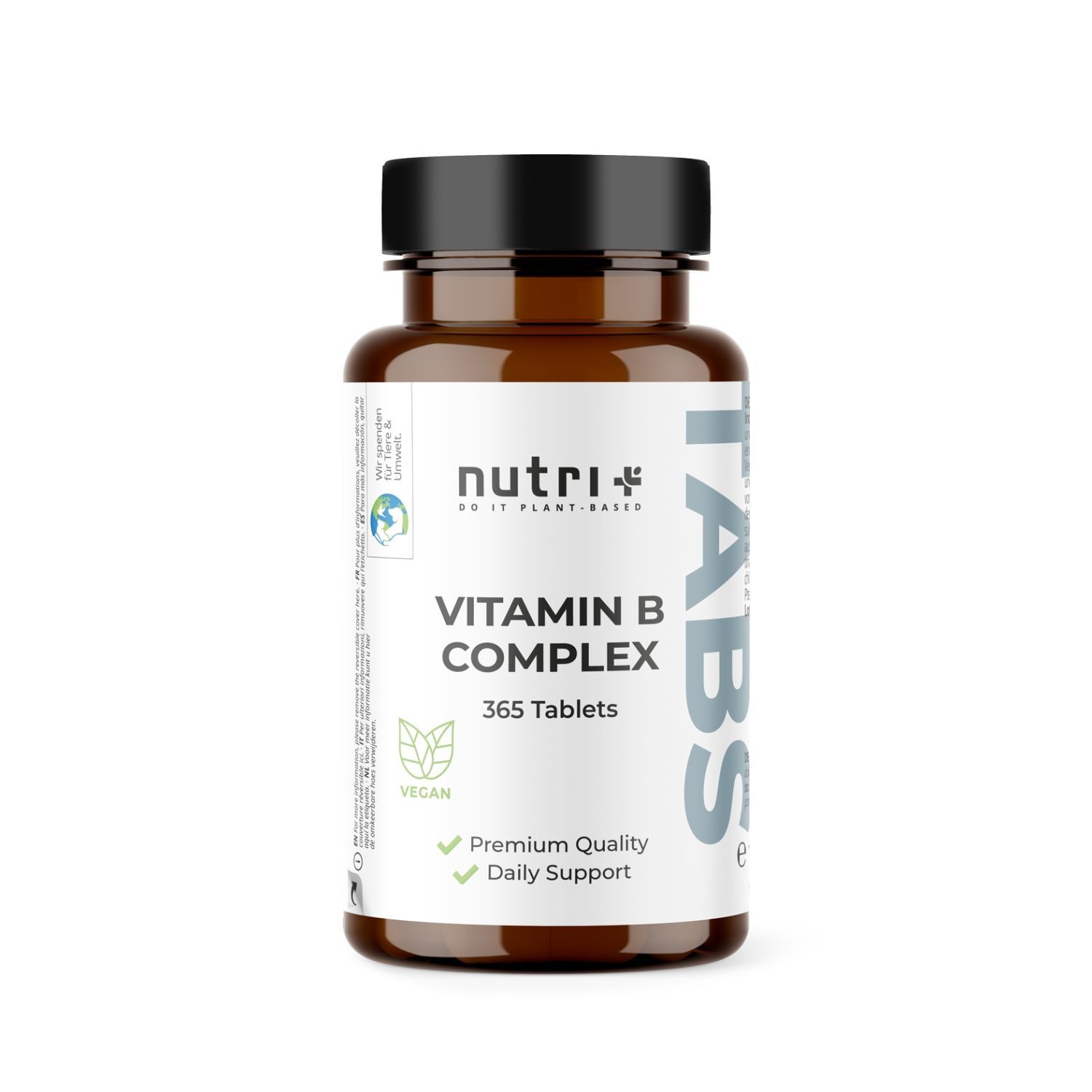 Braune Flasche mit schwarzem Deckel. Aufschrift: Vitamin B Complex, 365 Tabletten. Vegan-Siegel. Premium Qualität, Daily Support.
