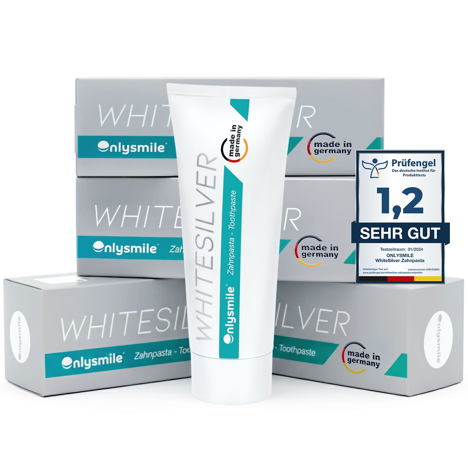 Zahnpasta-Tuben in Verpackung. Text: Onlysmile WhiteSilver Zahnpasta. Prüfgel-Zertifizierung. Made in Germany.