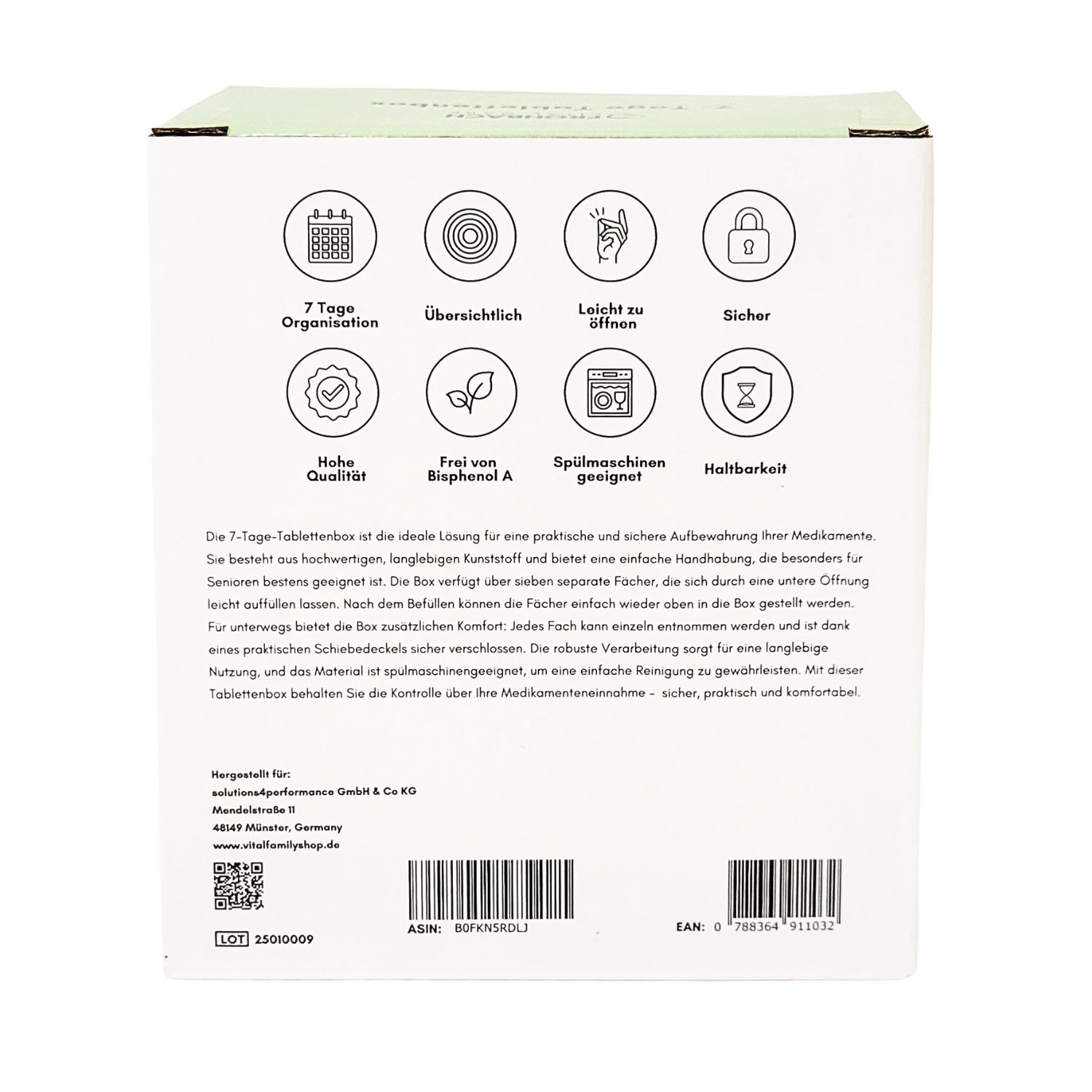 Verpackung der Tablettenbox. Text auf der Verpackung: 7 Tage Organisation, Übersichtlichkeit, leicht zu öffnen, sicher, hohe Qualität, BPA-frei, spülmaschinenfest.